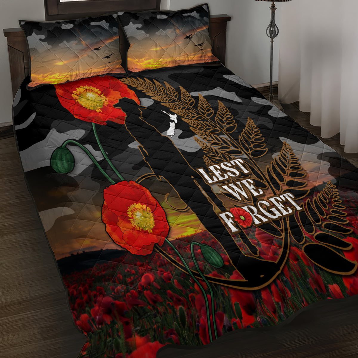 New Zealand ANZAC Day Quilt Bed Set Lest We Forget Silver Fern With Camouflage - Vibe Hoodie Shop