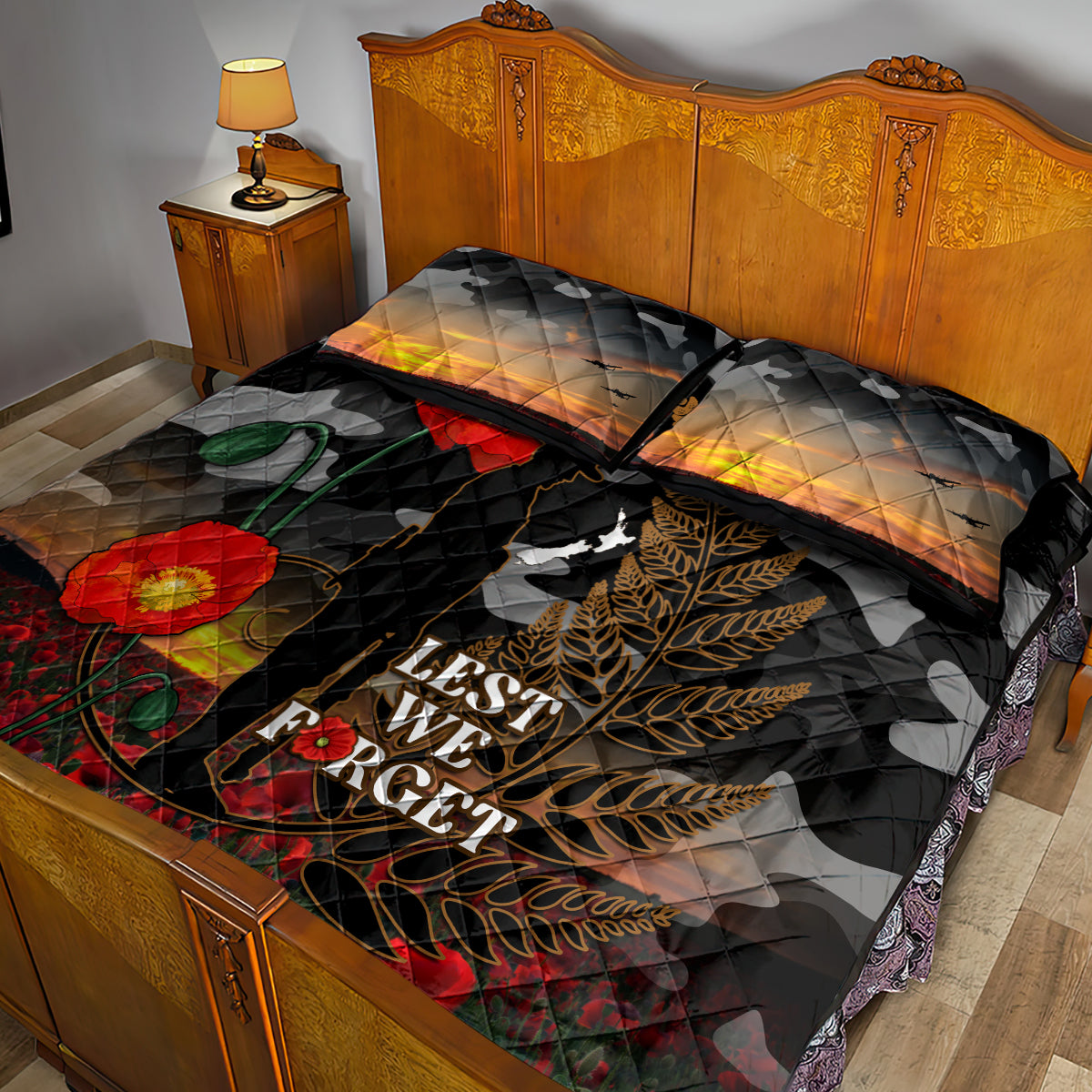 New Zealand ANZAC Day Quilt Bed Set Lest We Forget Silver Fern With Camouflage - Vibe Hoodie Shop