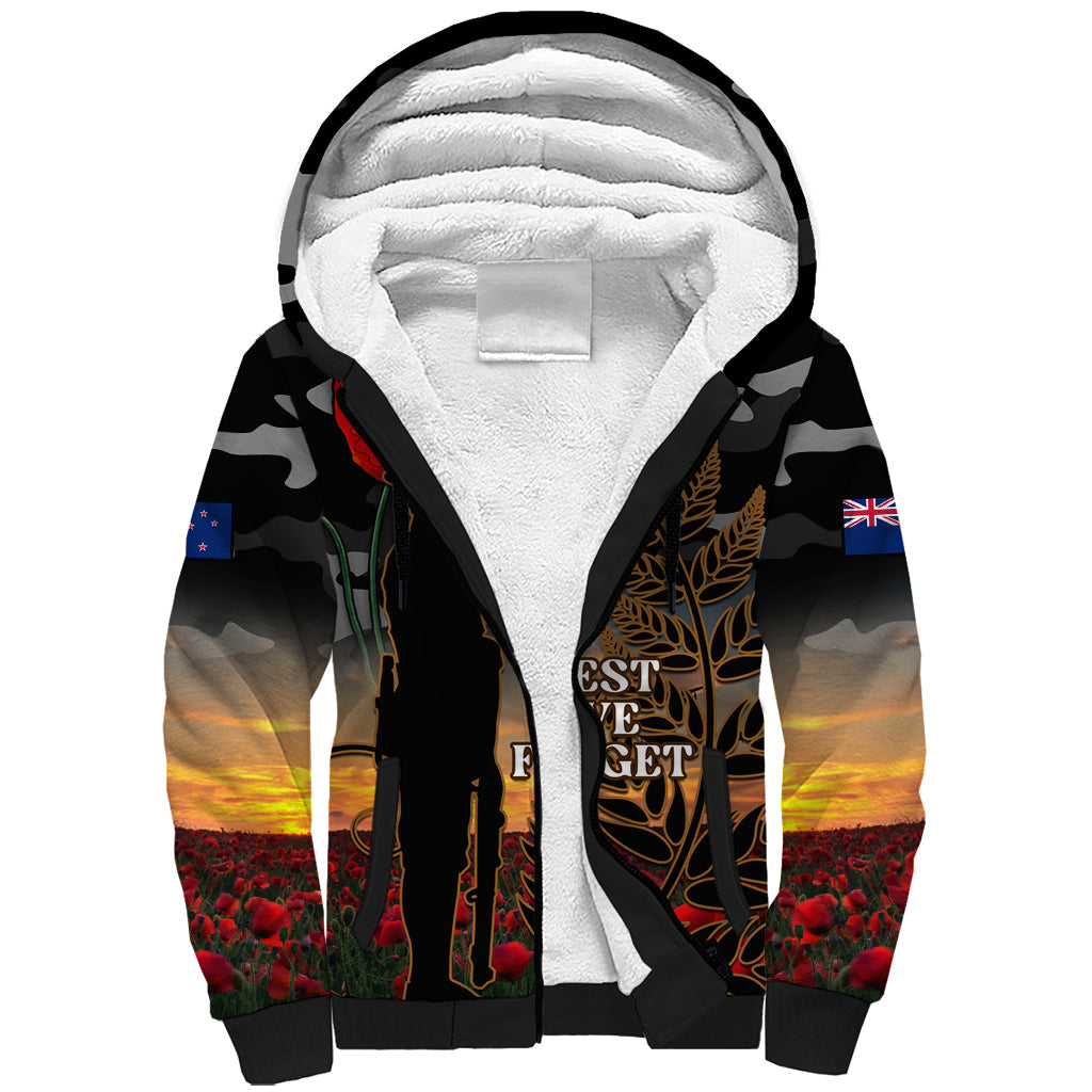 New Zealand ANZAC Day Sherpa Hoodie Lest We Forget Silver Fern With Camouflage - Vibe Hoodie Shop