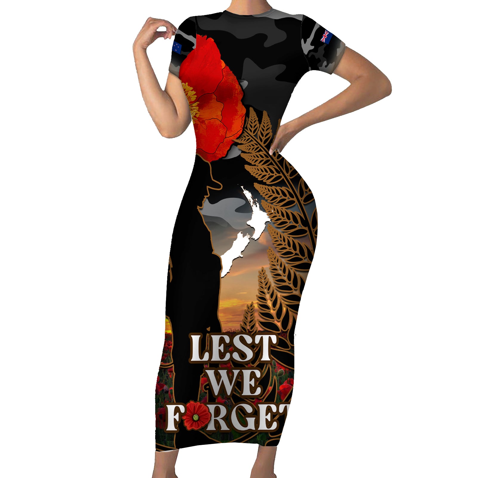 new-zealand-anzac-day-short-sleeve-bodycon-dress-lest-we-forget-silver-fern-with-camouflage