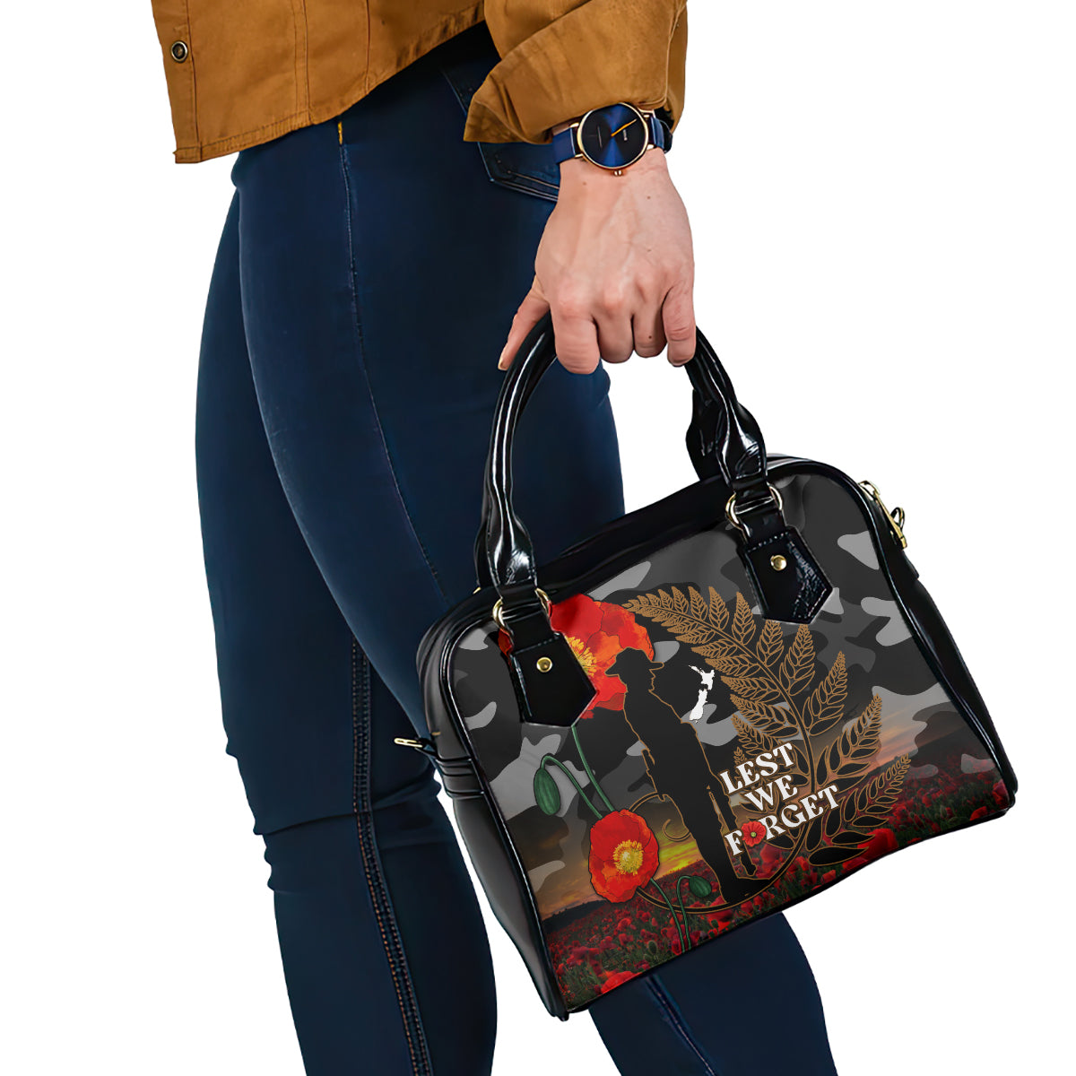 New Zealand ANZAC Day Shoulder Handbag Lest We Forget Silver Fern With Camouflage - Vibe Hoodie Shop