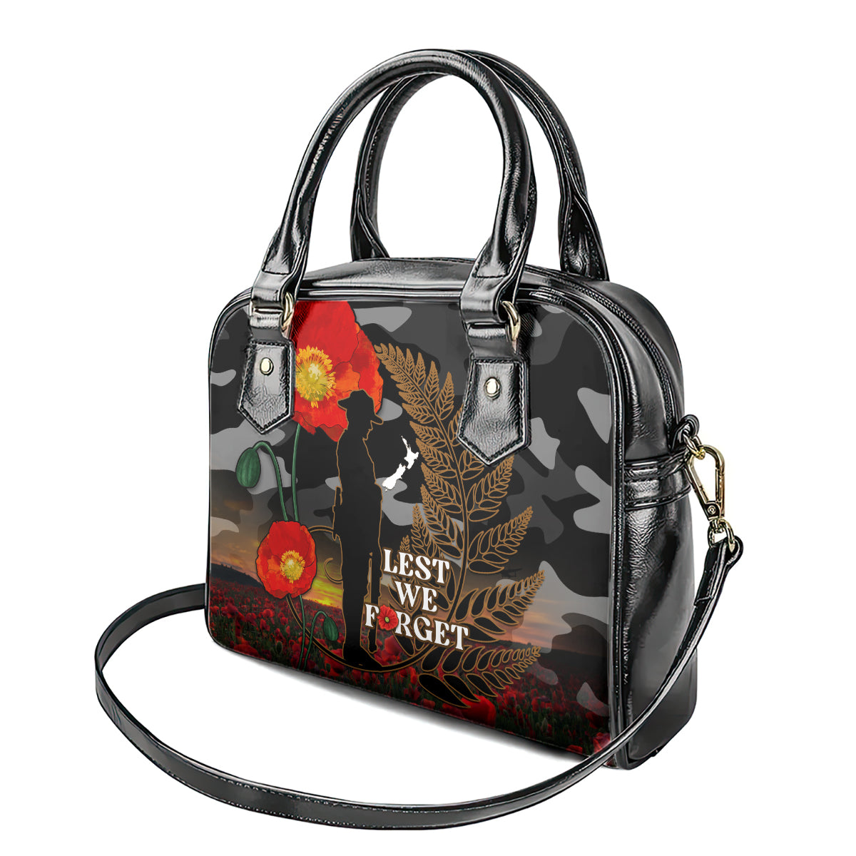 New Zealand ANZAC Day Shoulder Handbag Lest We Forget Silver Fern With Camouflage - Vibe Hoodie Shop