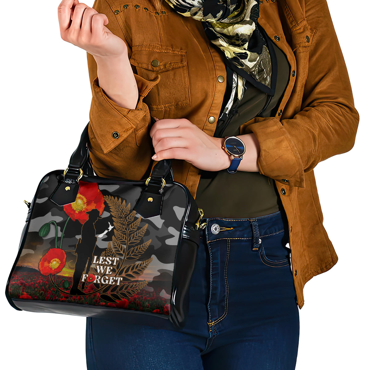 New Zealand ANZAC Day Shoulder Handbag Lest We Forget Silver Fern With Camouflage - Vibe Hoodie Shop