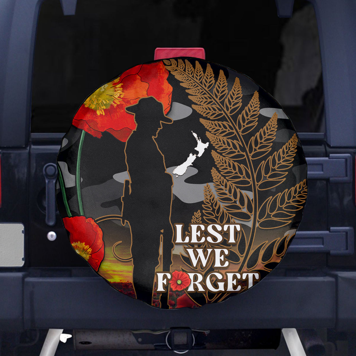 New Zealand ANZAC Day Spare Tire Cover Lest We Forget Silver Fern With Camouflage - Vibe Hoodie Shop