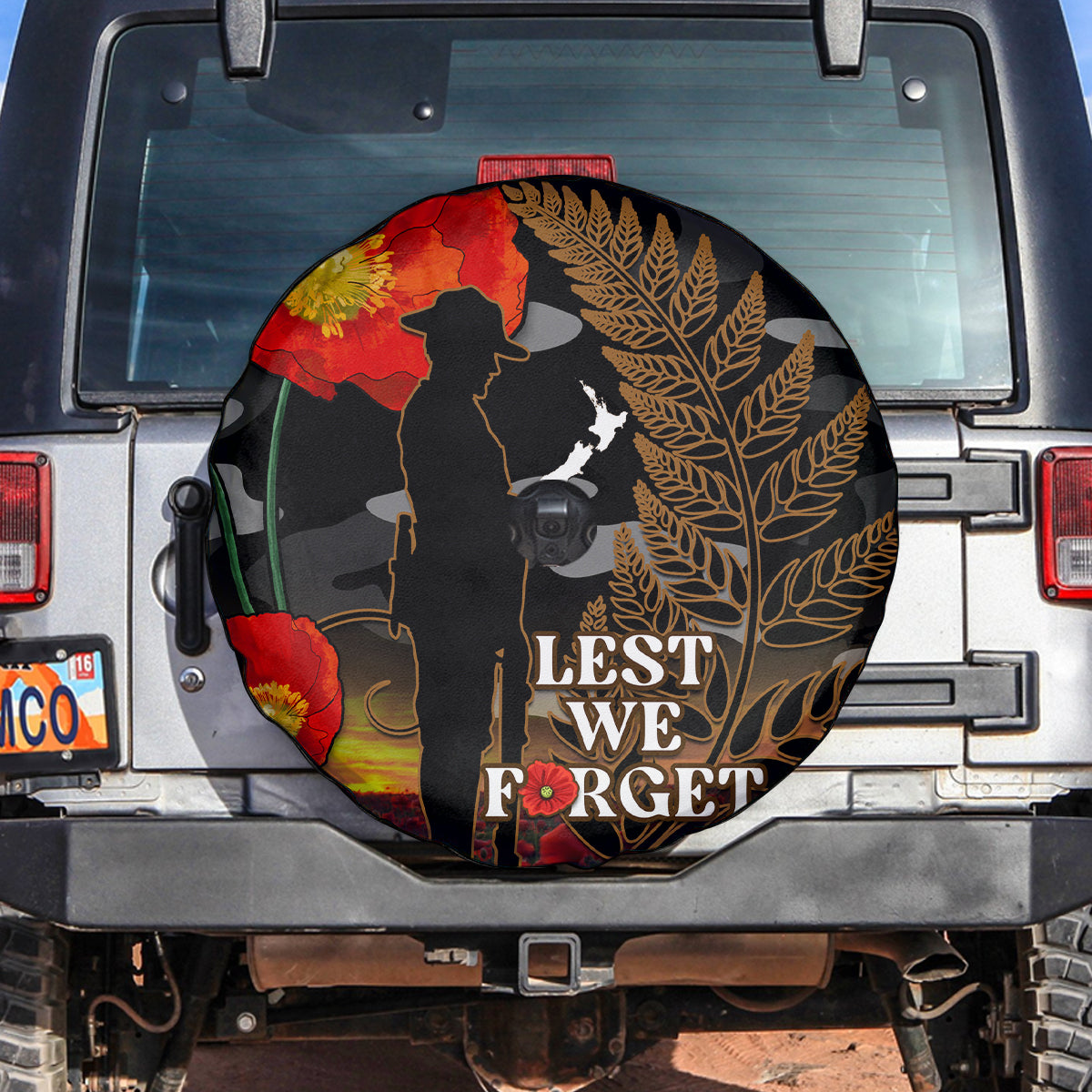 New Zealand ANZAC Day Spare Tire Cover Lest We Forget Silver Fern With Camouflage - Vibe Hoodie Shop