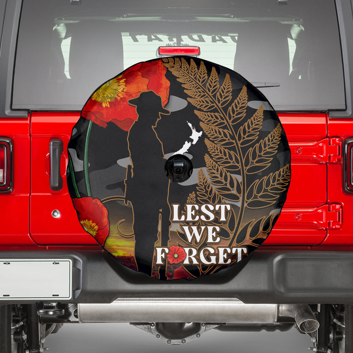 New Zealand ANZAC Day Spare Tire Cover Lest We Forget Silver Fern With Camouflage - Vibe Hoodie Shop