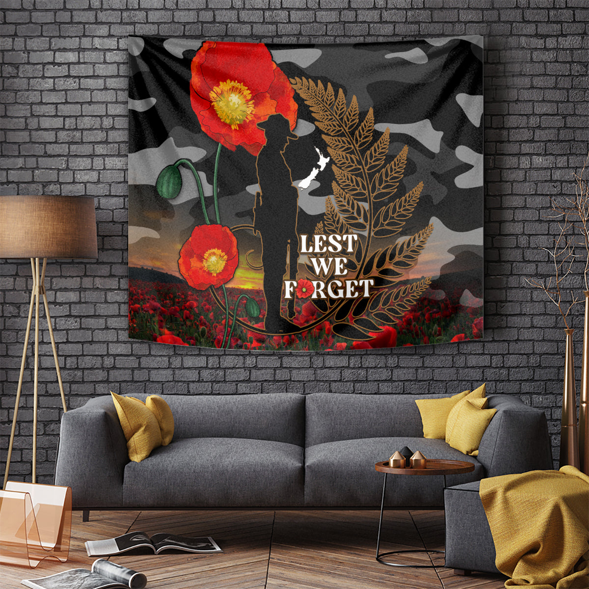 New Zealand ANZAC Day Tapestry Lest We Forget Silver Fern With Camouflage - Vibe Hoodie Shop