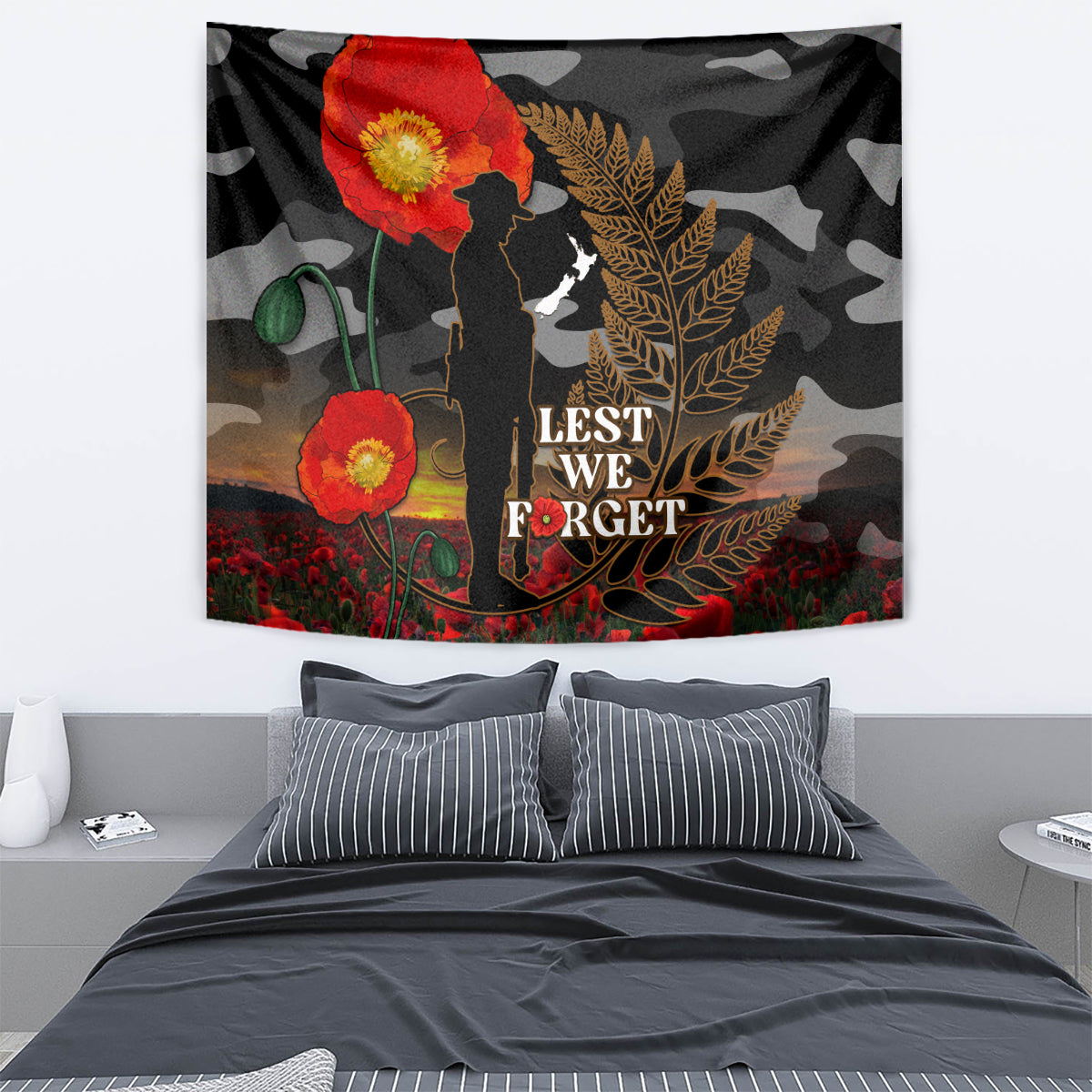 New Zealand ANZAC Day Tapestry Lest We Forget Silver Fern With Camouflage - Vibe Hoodie Shop