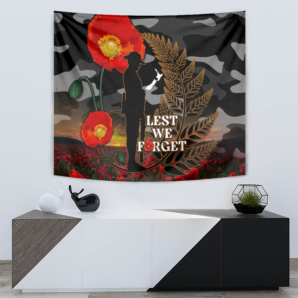 New Zealand ANZAC Day Tapestry Lest We Forget Silver Fern With Camouflage - Vibe Hoodie Shop