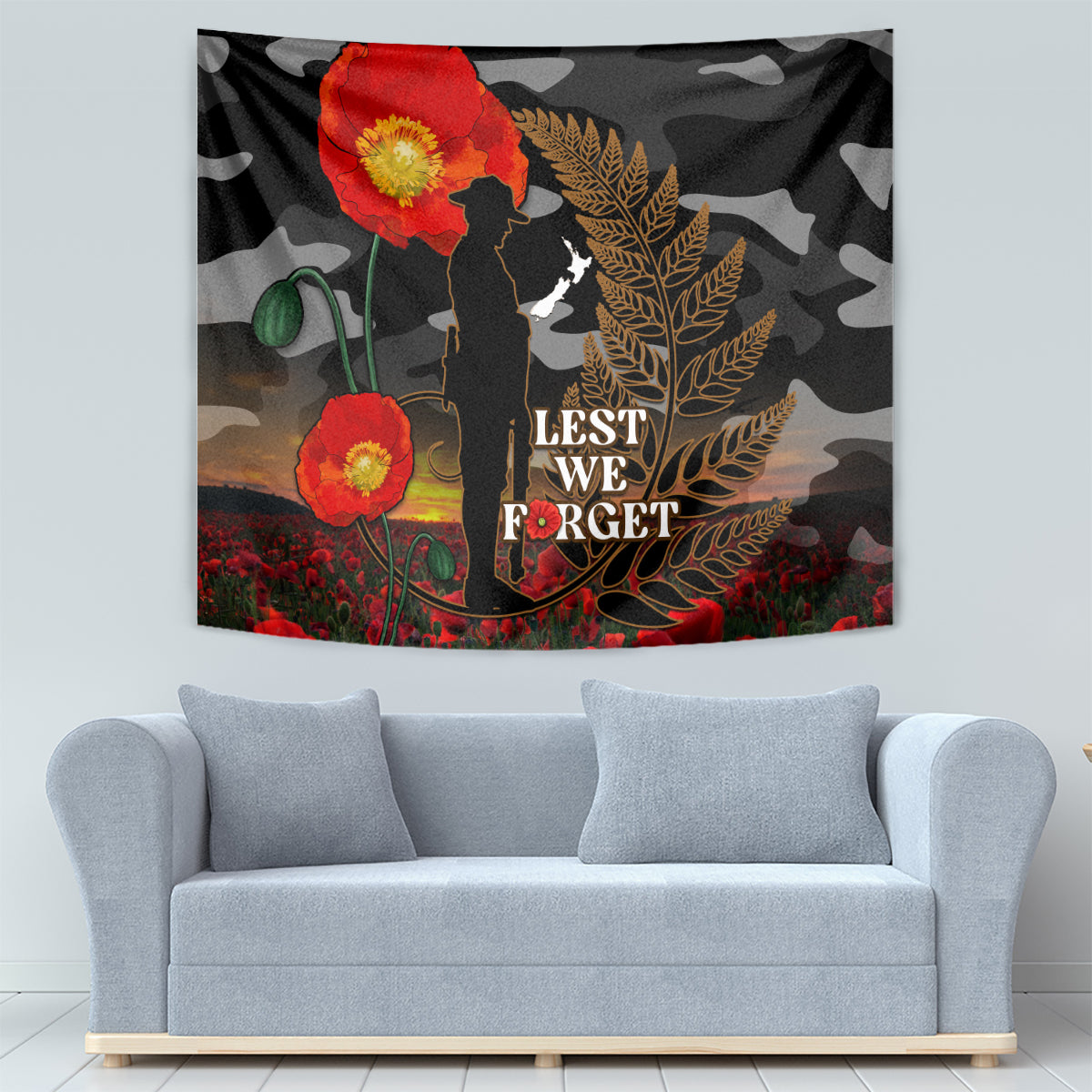 New Zealand ANZAC Day Tapestry Lest We Forget Silver Fern With Camouflage - Vibe Hoodie Shop