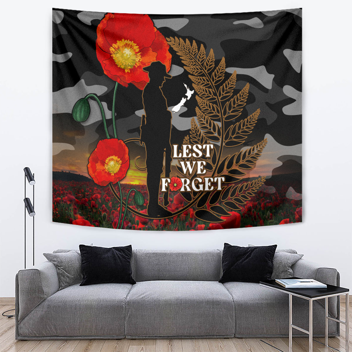 New Zealand ANZAC Day Tapestry Lest We Forget Silver Fern With Camouflage - Vibe Hoodie Shop