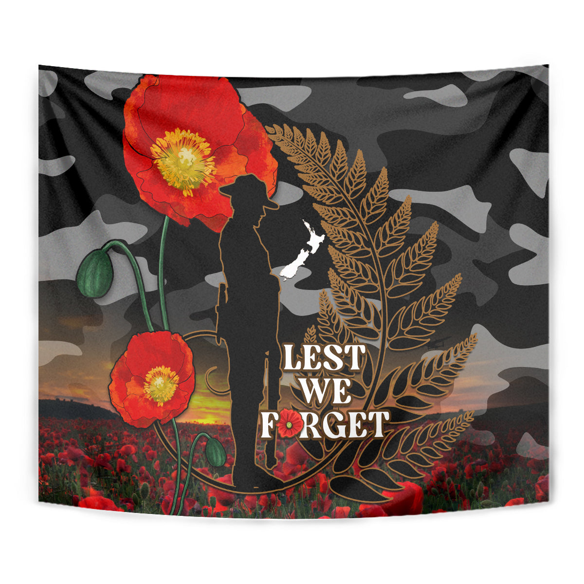 New Zealand ANZAC Day Tapestry Lest We Forget Silver Fern With Camouflage - Vibe Hoodie Shop