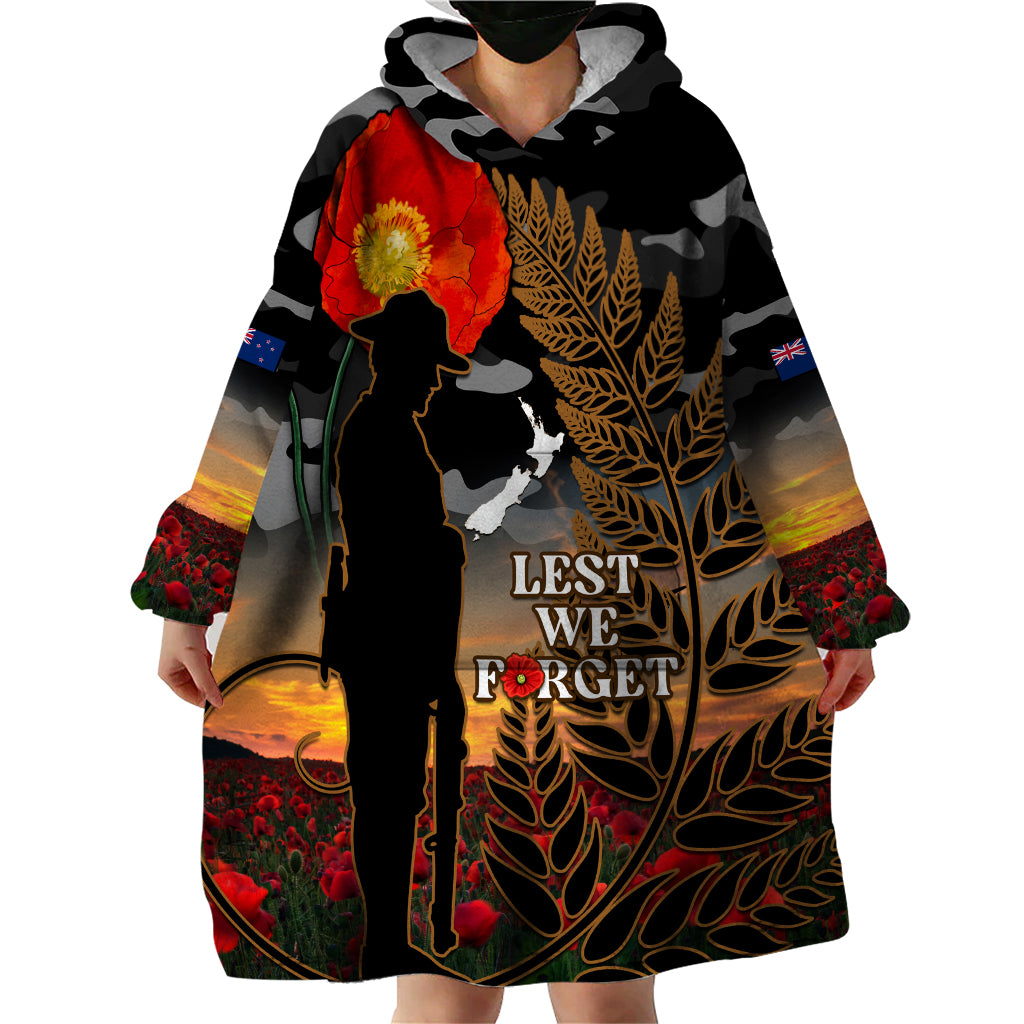 New Zealand ANZAC Day Wearable Blanket Hoodie Lest We Forget Silver Fern With Camouflage - Vibe Hoodie Shop