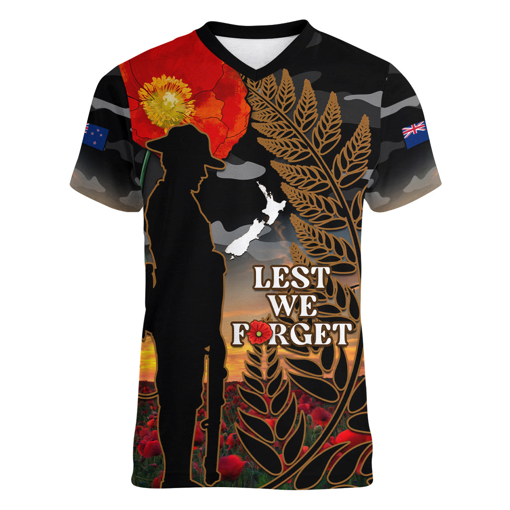 New Zealand ANZAC Day Women V Neck T Shirt Lest We Forget Silver Fern With Camouflage - Vibe Hoodie Shop