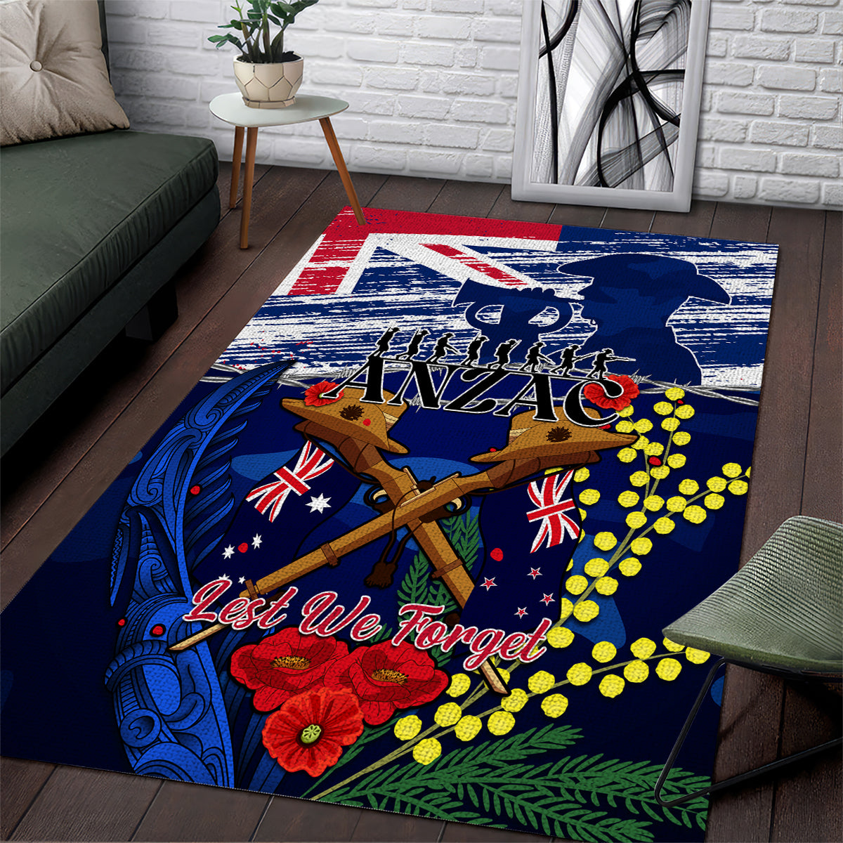 Australia And New Zealand ANZAC Day Area Rug Lest We Forget Silver Fern With Golden Wattle - Vibe Hoodie Shop