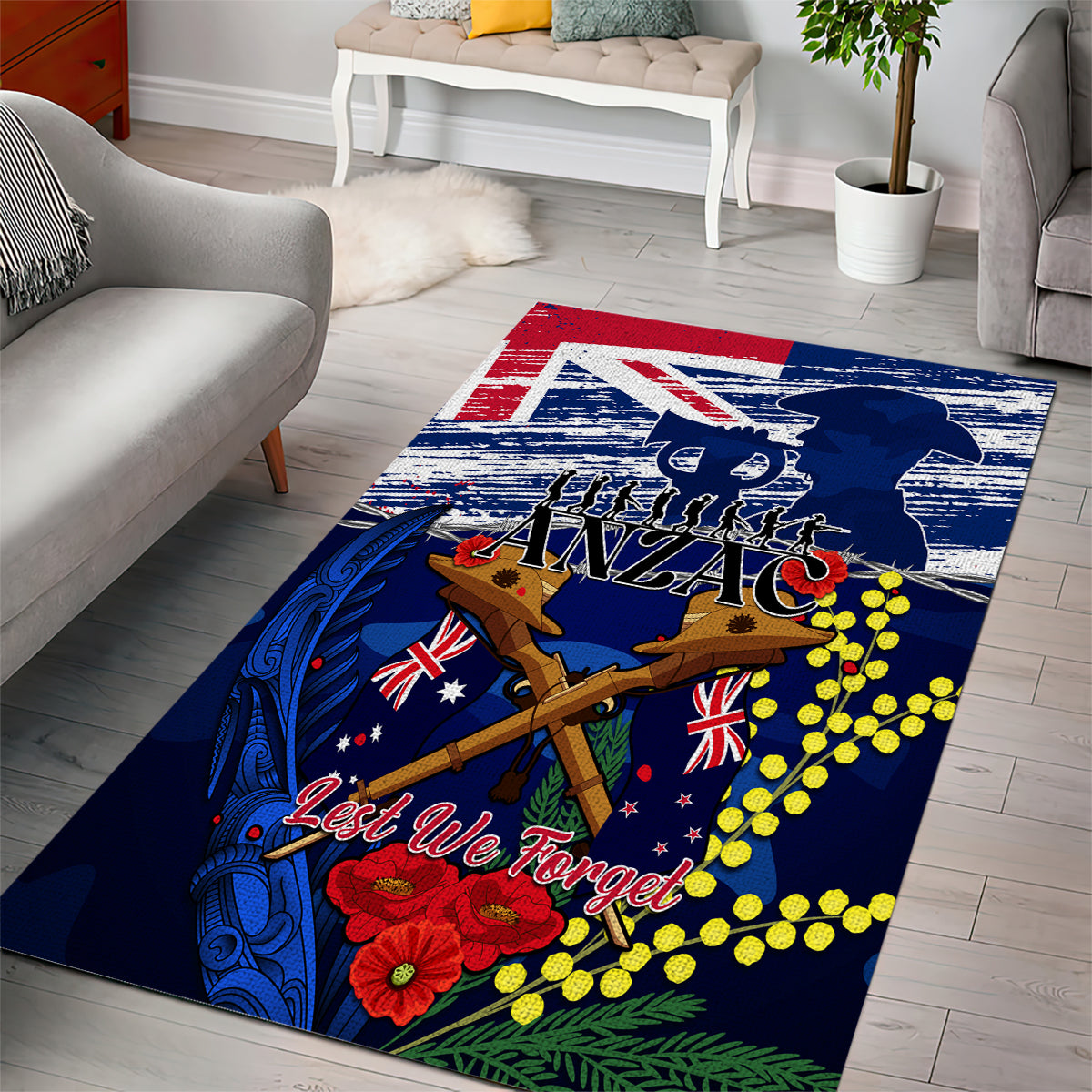 Australia And New Zealand ANZAC Day Area Rug Lest We Forget Silver Fern With Golden Wattle - Vibe Hoodie Shop