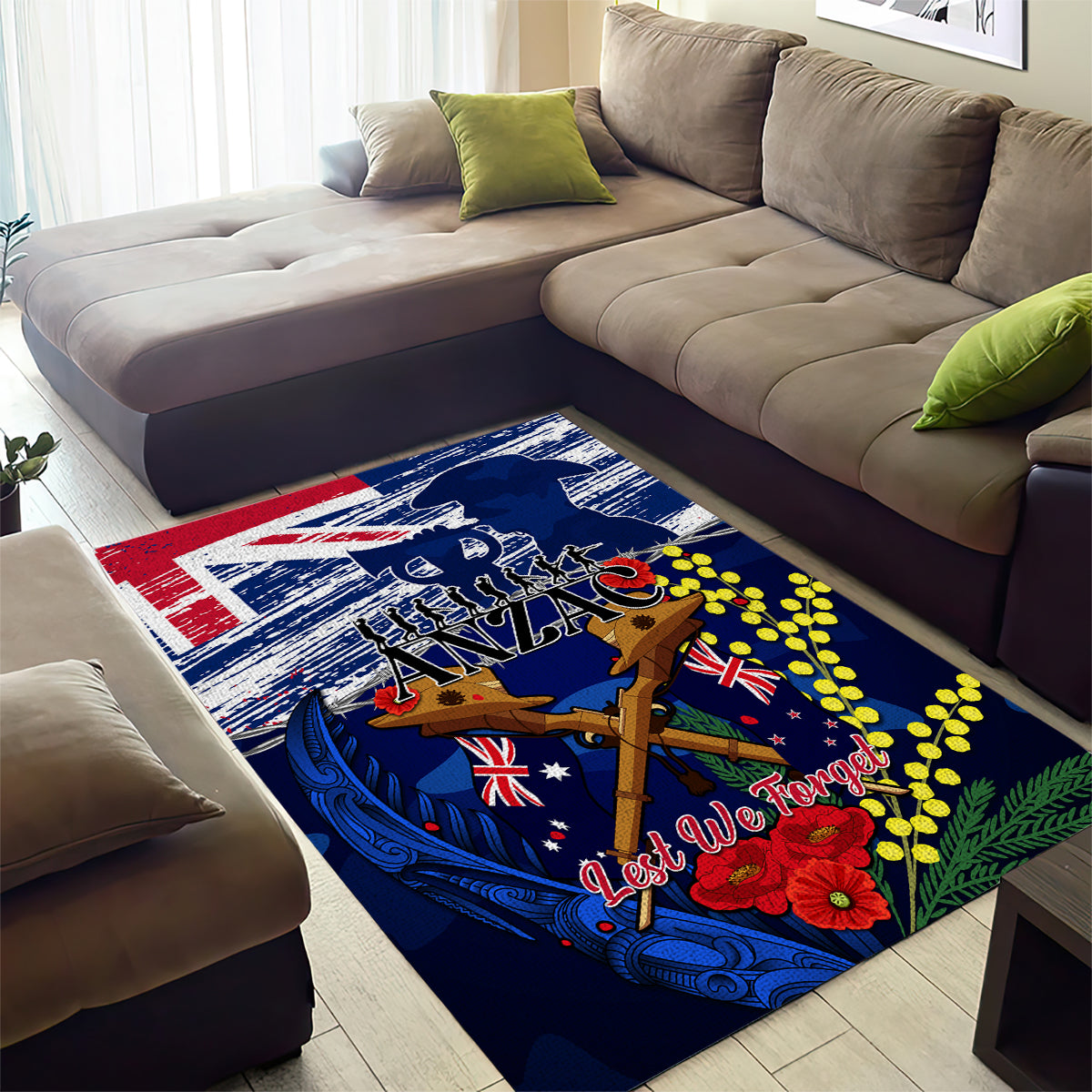 Australia And New Zealand ANZAC Day Area Rug Lest We Forget Silver Fern With Golden Wattle - Vibe Hoodie Shop