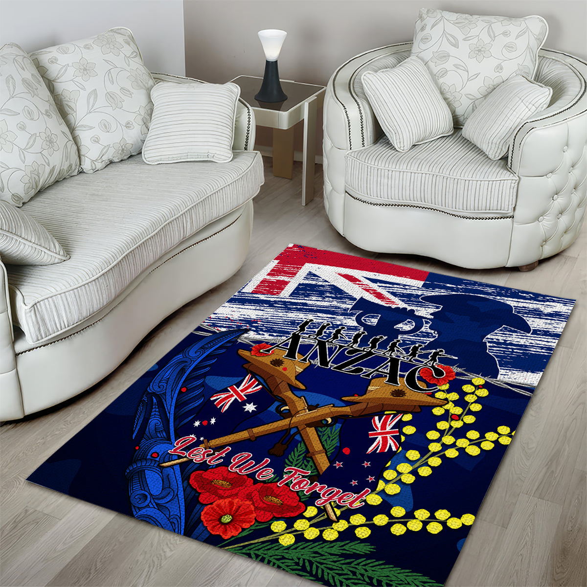 Australia And New Zealand ANZAC Day Area Rug Lest We Forget Silver Fern With Golden Wattle - Vibe Hoodie Shop