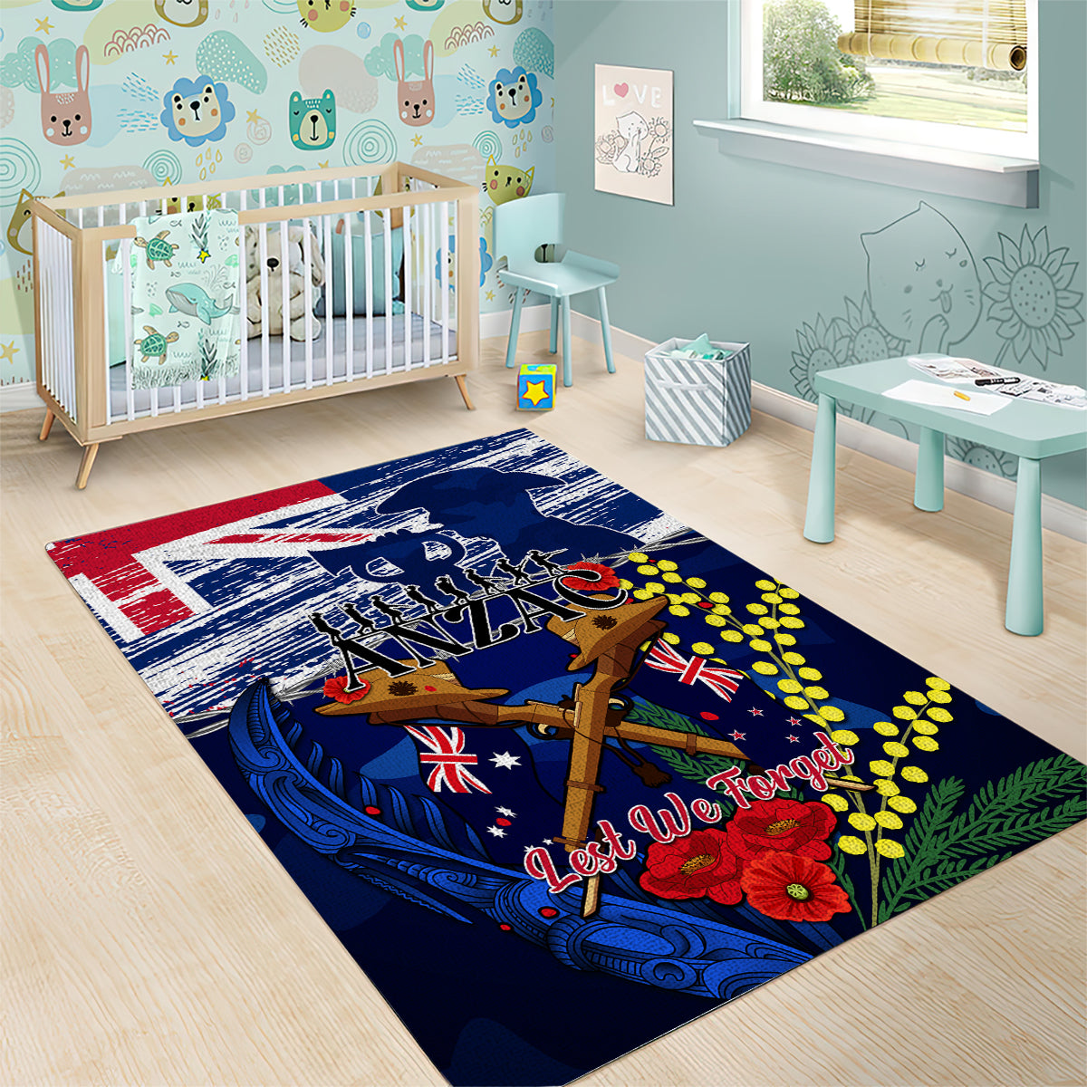 Australia And New Zealand ANZAC Day Area Rug Lest We Forget Silver Fern With Golden Wattle - Vibe Hoodie Shop