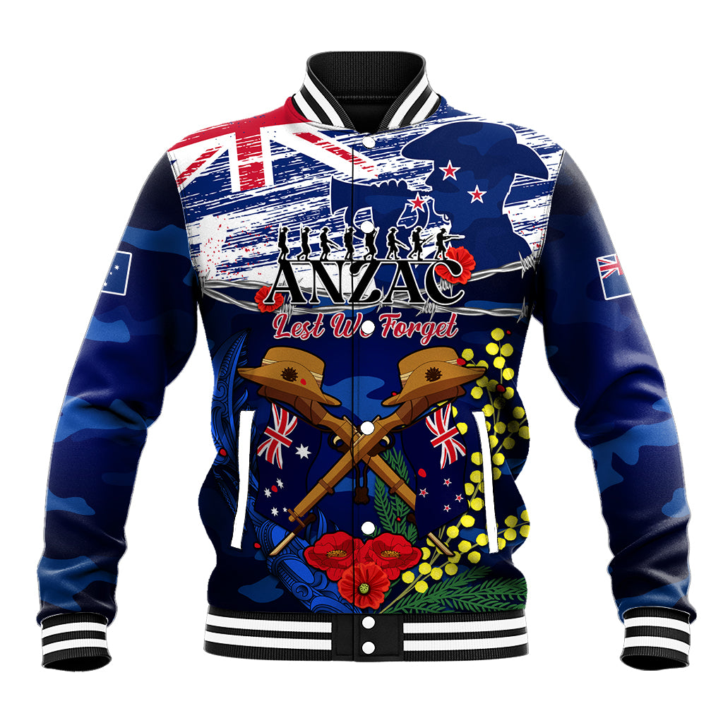 Australia And New Zealand ANZAC Day Baseball Jacket Lest We Forget Silver Fern With Golden Wattle - Vibe Hoodie Shop