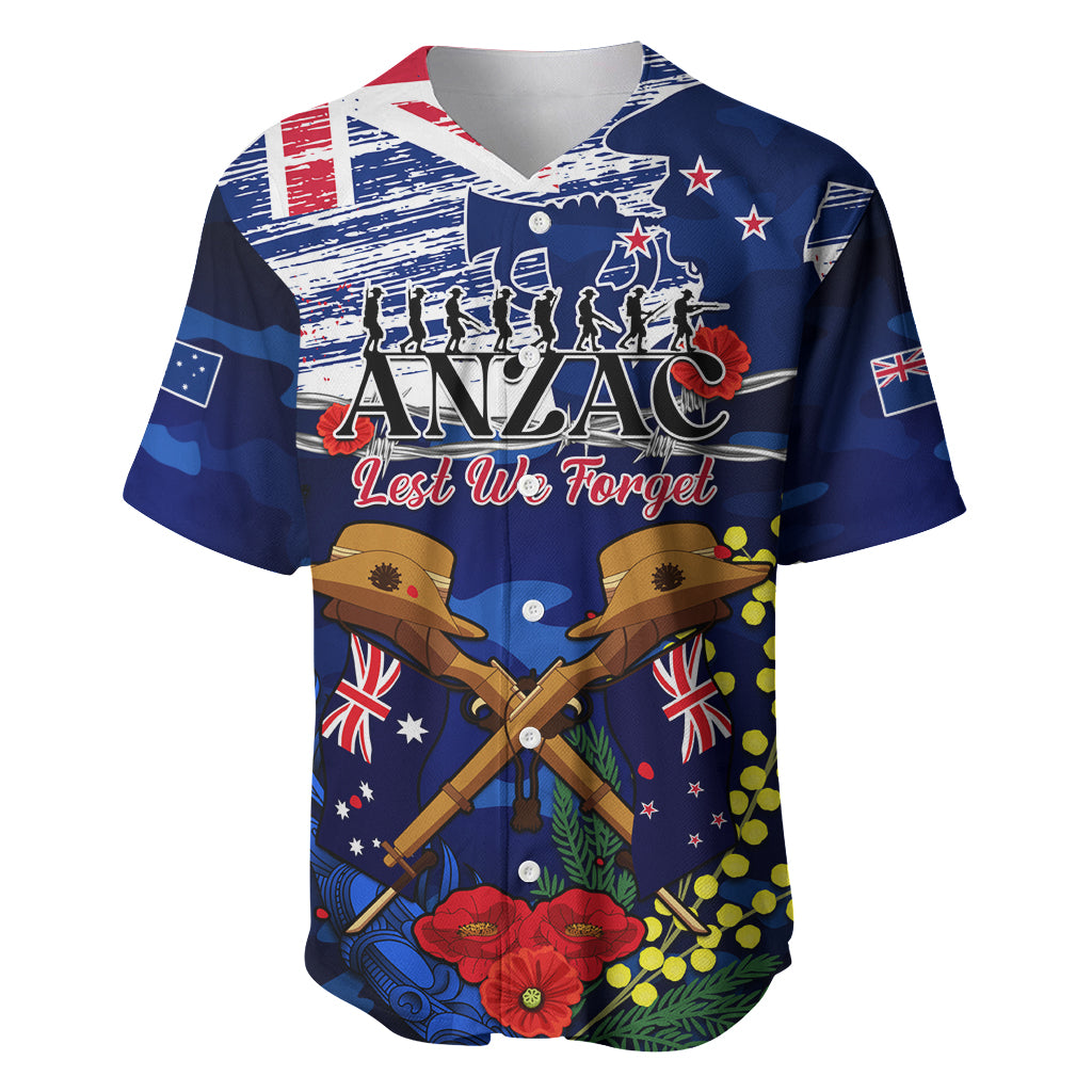 Australia And New Zealand ANZAC Day Baseball Jersey Lest We Forget Silver Fern With Golden Wattle - Vibe Hoodie Shop