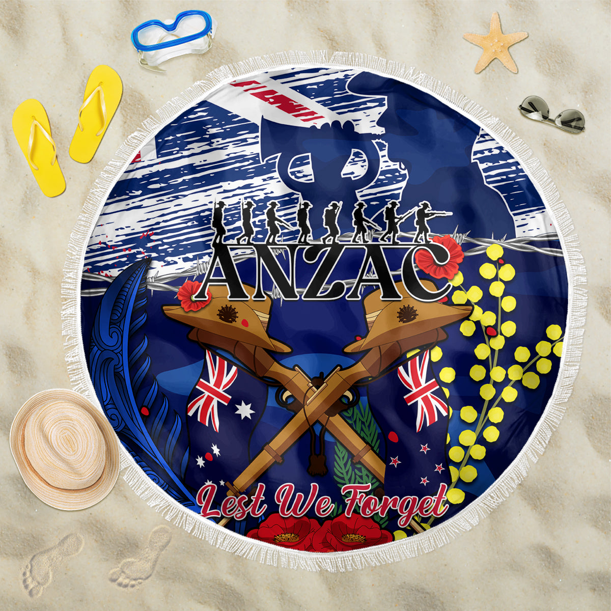 australia-and-new-zealand-anzac-day-beach-blanket-lest-we-forget-silver-fern-with-golden-wattle