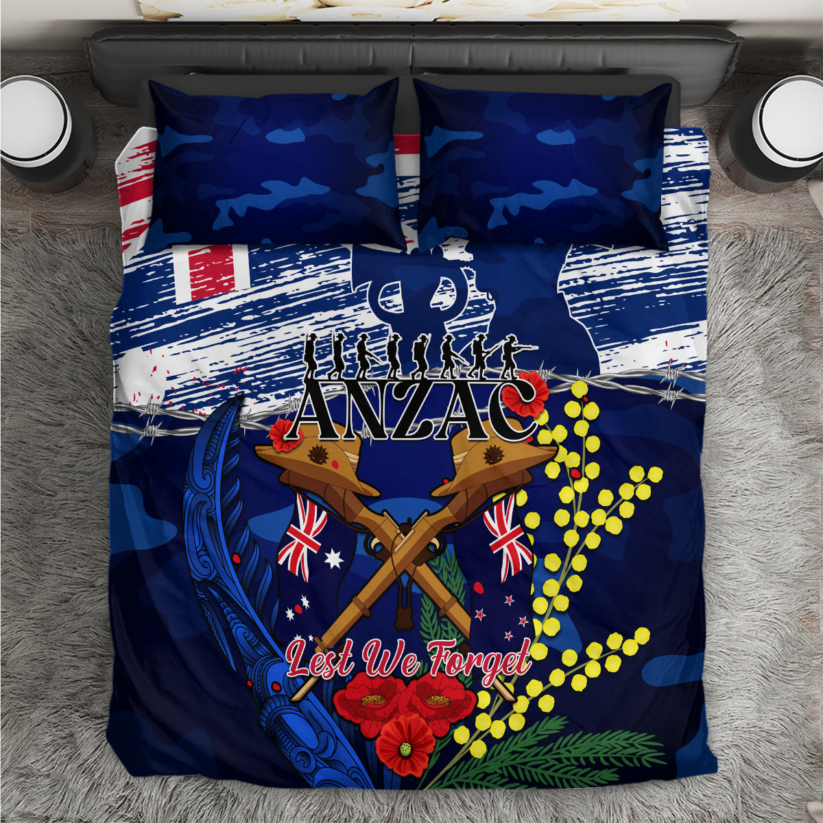 Australia And New Zealand ANZAC Day Bedding Set Lest We Forget Silver Fern With Golden Wattle - Vibe Hoodie Shop