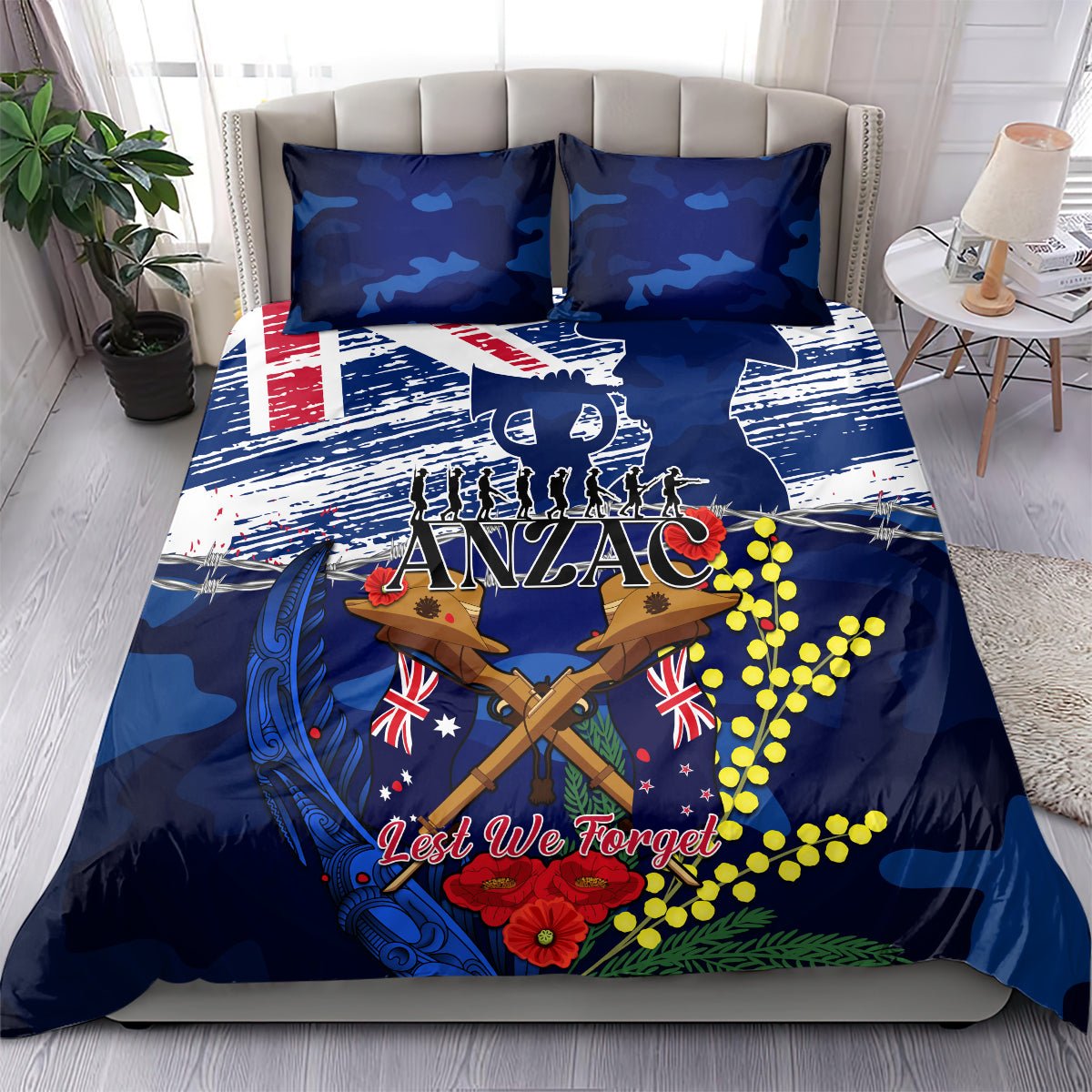 Australia And New Zealand ANZAC Day Bedding Set Lest We Forget Silver Fern With Golden Wattle - Vibe Hoodie Shop