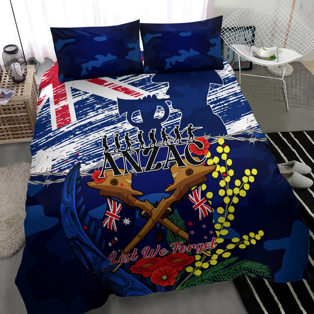 Australia And New Zealand ANZAC Day Bedding Set Lest We Forget Silver Fern With Golden Wattle - Vibe Hoodie Shop