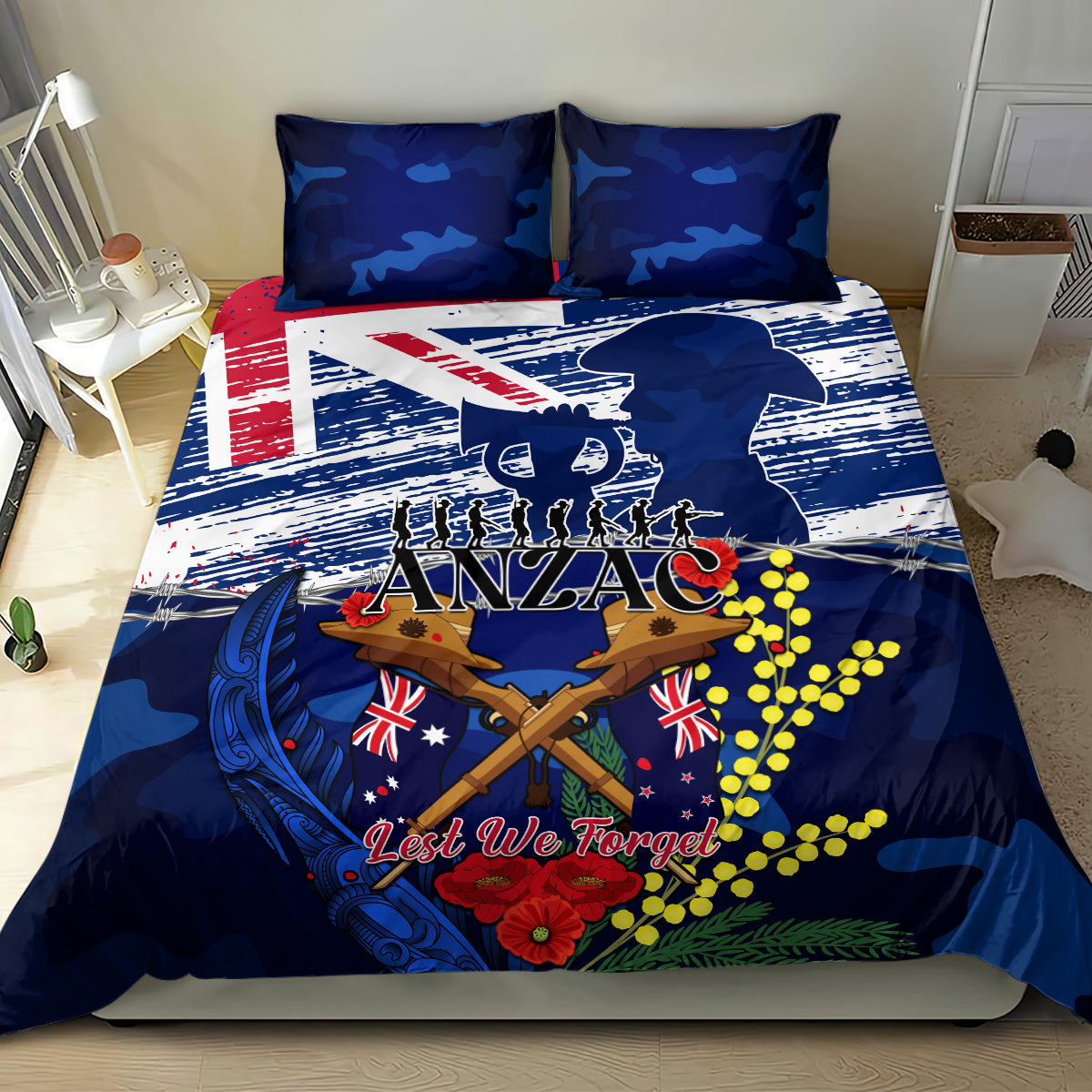 Australia And New Zealand ANZAC Day Bedding Set Lest We Forget Silver Fern With Golden Wattle - Vibe Hoodie Shop