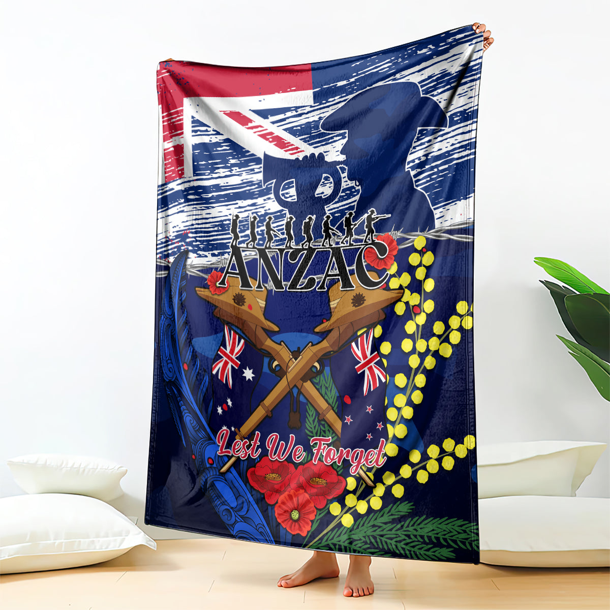 Australia And New Zealand ANZAC Day Blanket Lest We Forget Silver Fern With Golden Wattle - Vibe Hoodie Shop