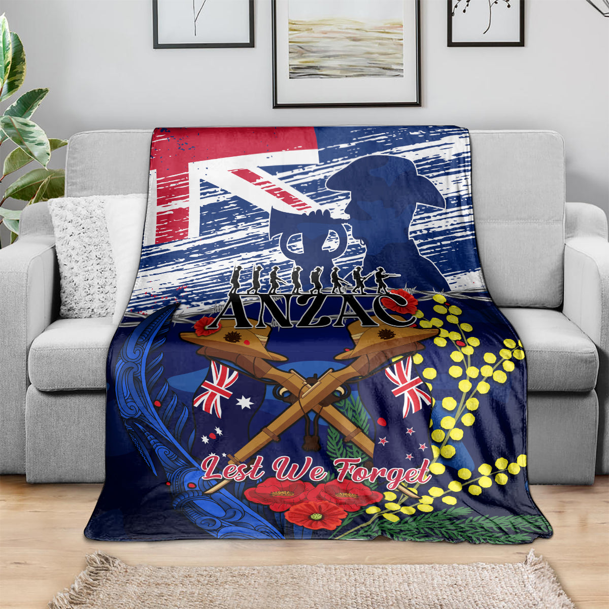 Australia And New Zealand ANZAC Day Blanket Lest We Forget Silver Fern With Golden Wattle - Vibe Hoodie Shop