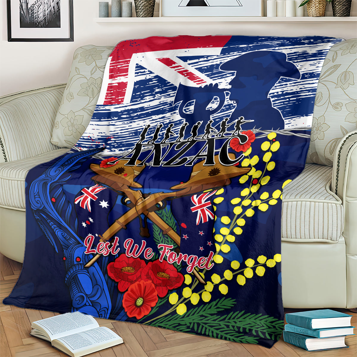 Australia And New Zealand ANZAC Day Blanket Lest We Forget Silver Fern With Golden Wattle - Vibe Hoodie Shop