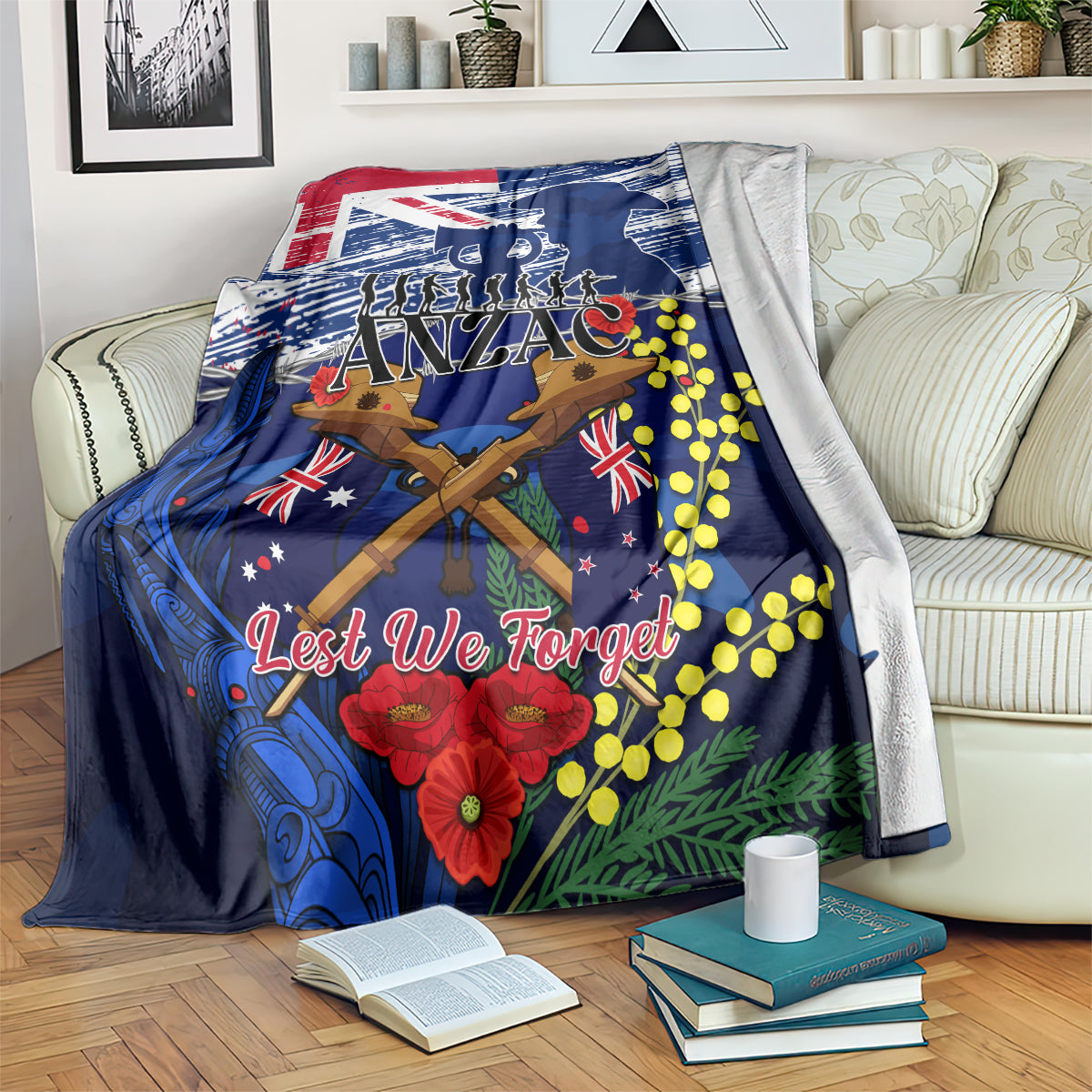 Australia And New Zealand ANZAC Day Blanket Lest We Forget Silver Fern With Golden Wattle - Vibe Hoodie Shop