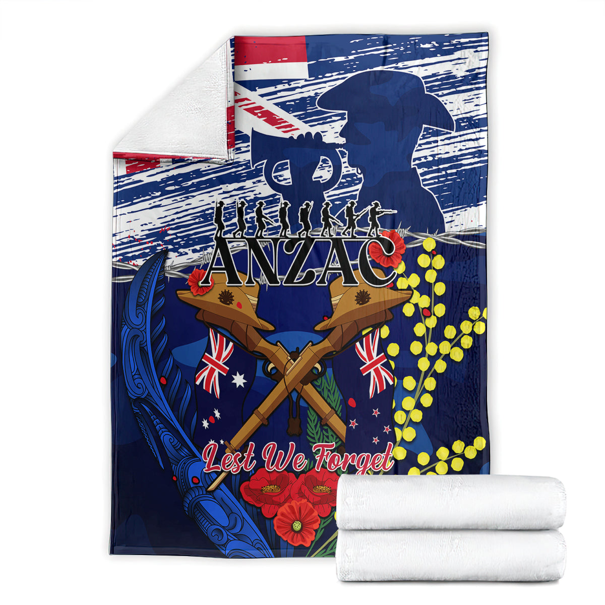 Australia And New Zealand ANZAC Day Blanket Lest We Forget Silver Fern With Golden Wattle - Vibe Hoodie Shop