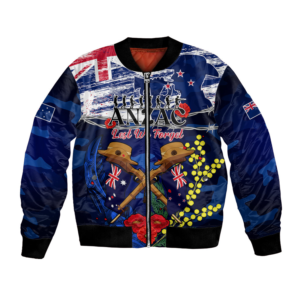 Australia And New Zealand ANZAC Day Bomber Jacket Lest We Forget Silver Fern With Golden Wattle - Vibe Hoodie Shop