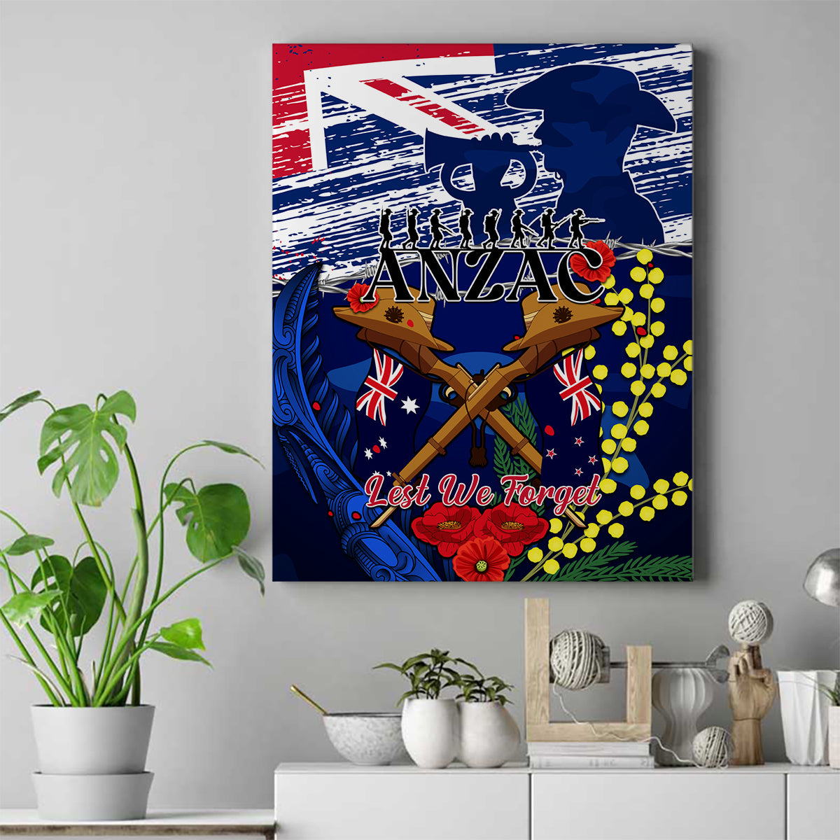 australia-and-new-zealand-anzac-day-canvas-wall-art-lest-we-forget-silver-fern-with-golden-wattle