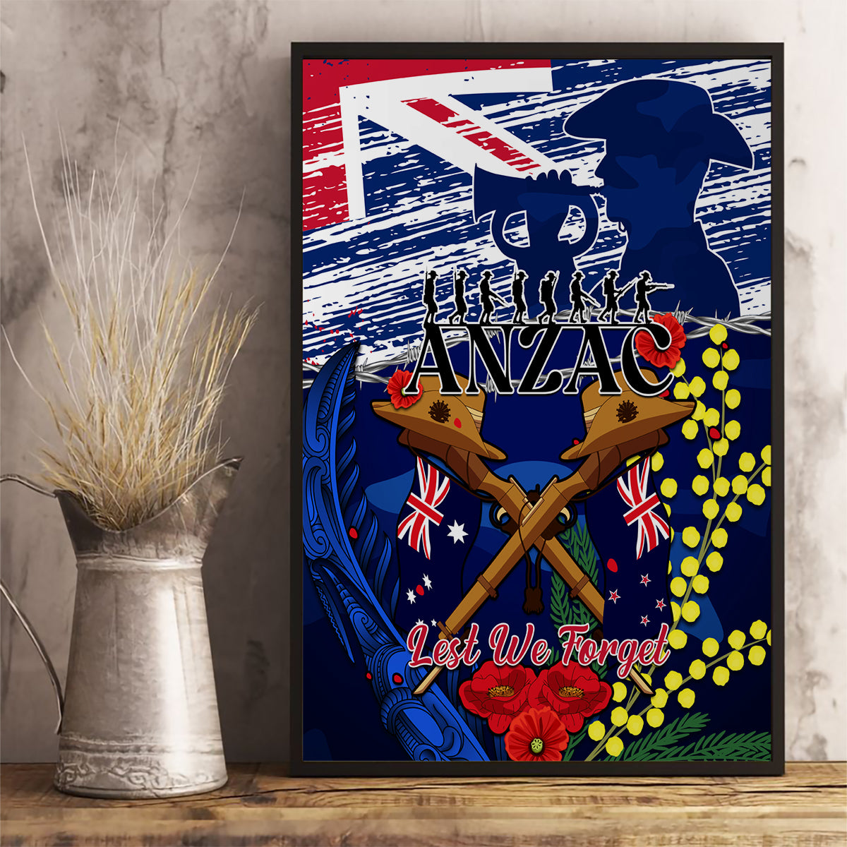 australia-and-new-zealand-anzac-day-canvas-wall-art-lest-we-forget-silver-fern-with-golden-wattle