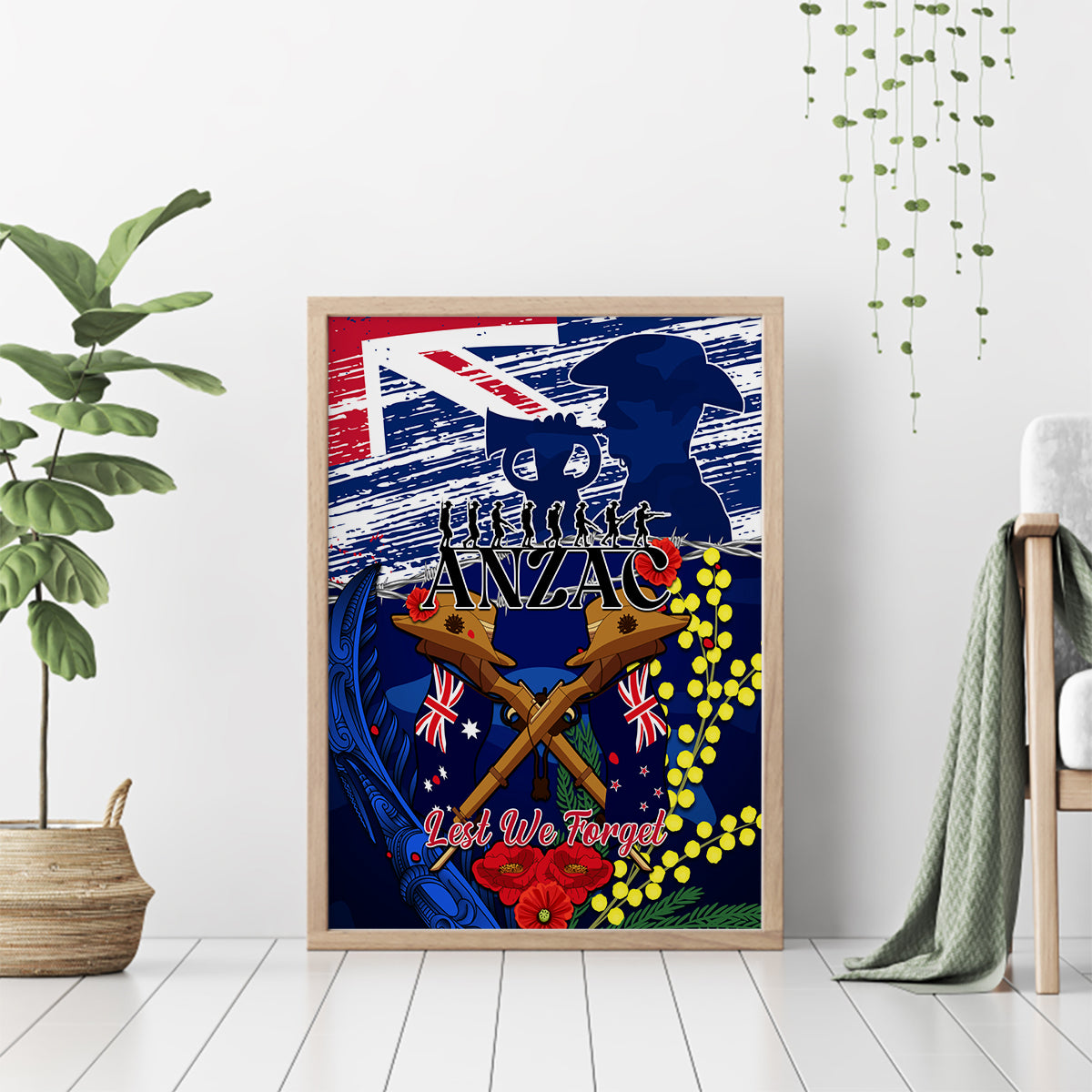 australia-and-new-zealand-anzac-day-canvas-wall-art-lest-we-forget-silver-fern-with-golden-wattle