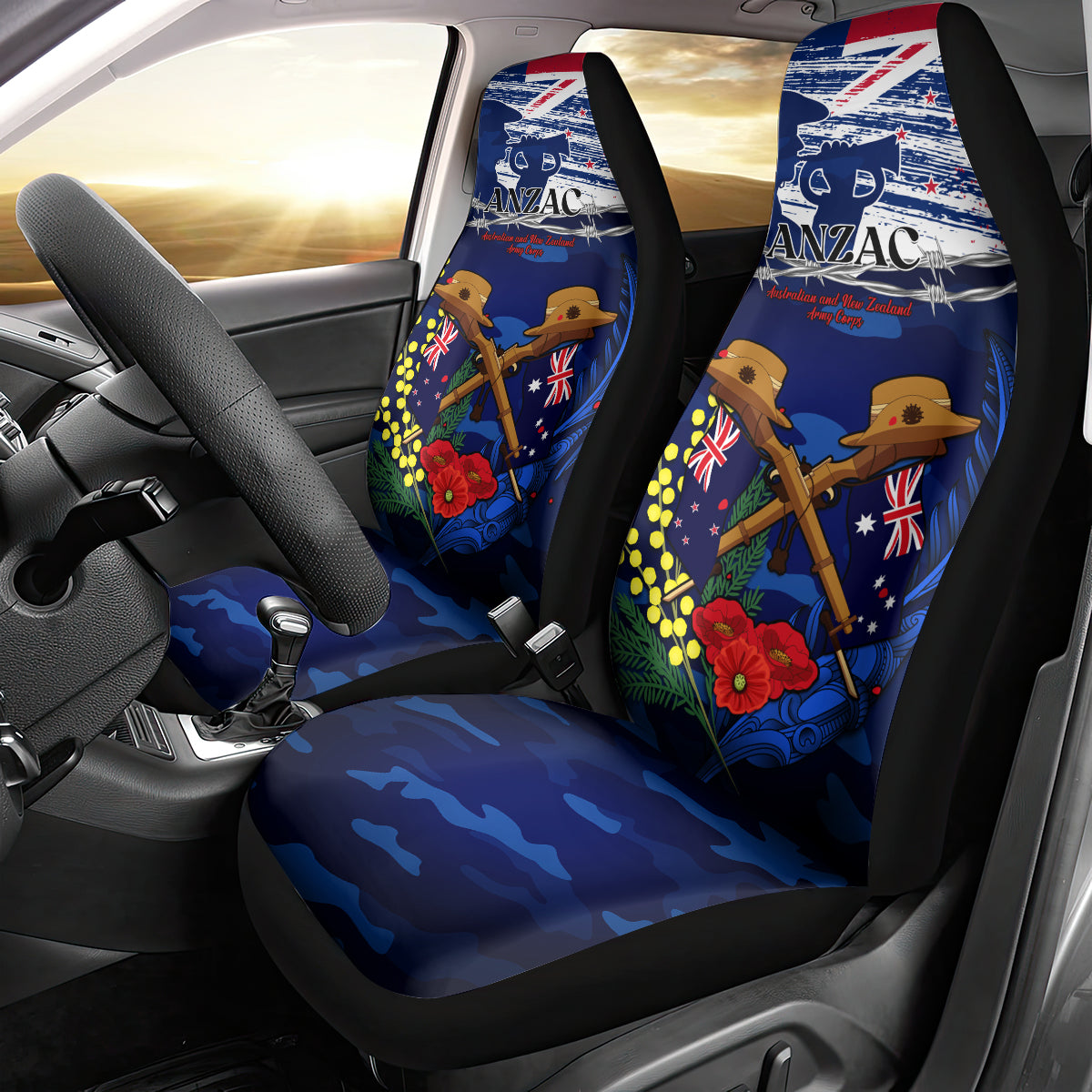 Australia And New Zealand ANZAC Day Car Seat Cover Lest We Forget Silver Fern With Golden Wattle - Vibe Hoodie Shop