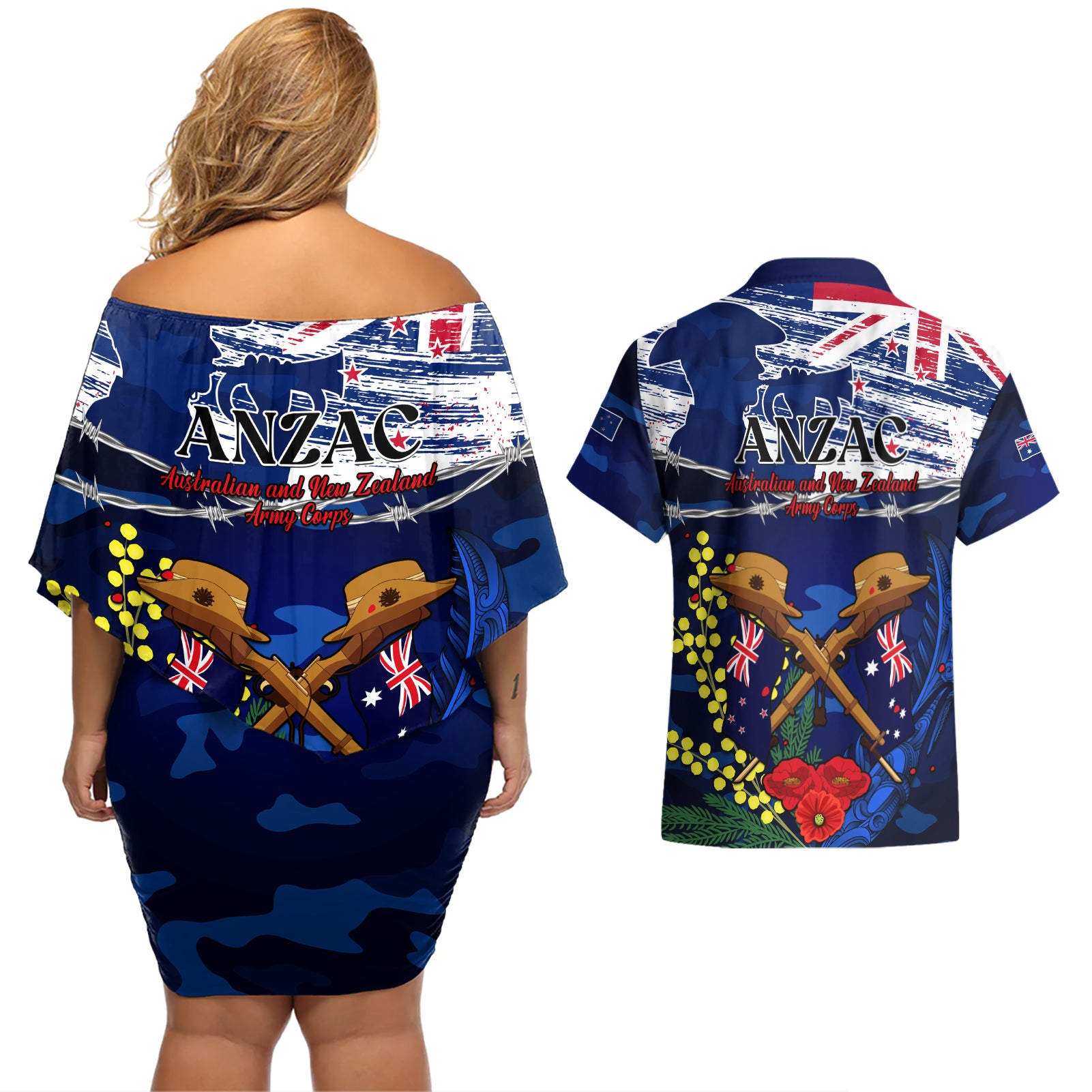 australia-and-new-zealand-anzac-day-couples-matching-off-shoulder-short-dress-and-hawaiian-shirt-lest-we-forget-silver-fern-with-golden-wattle