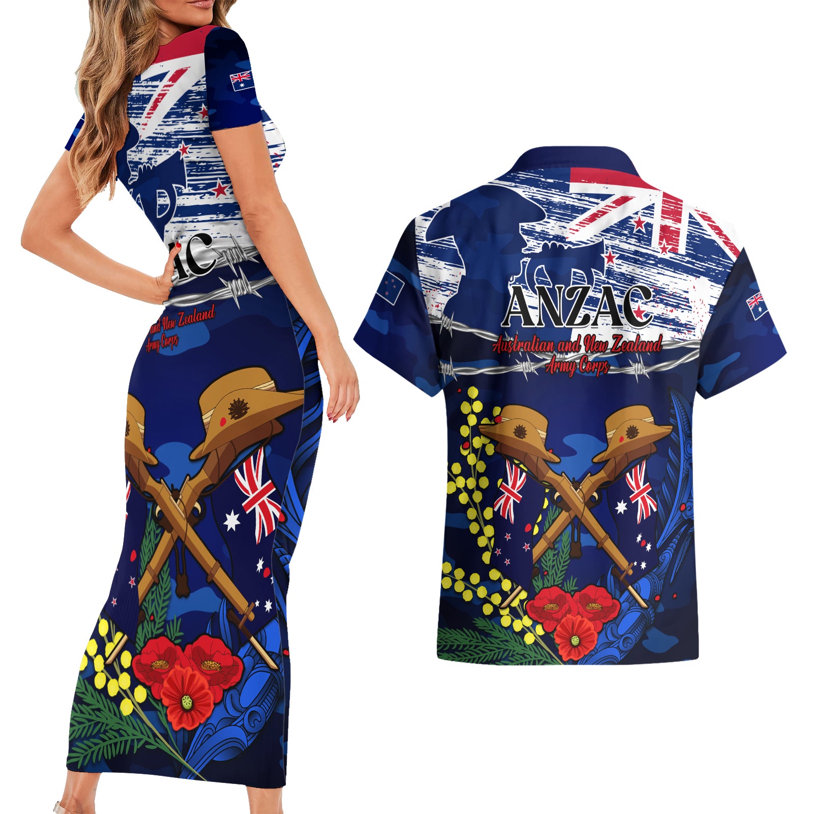 australia-and-new-zealand-anzac-day-couples-matching-short-sleeve-bodycon-dress-and-hawaiian-shirt-lest-we-forget-silver-fern-with-golden-wattle