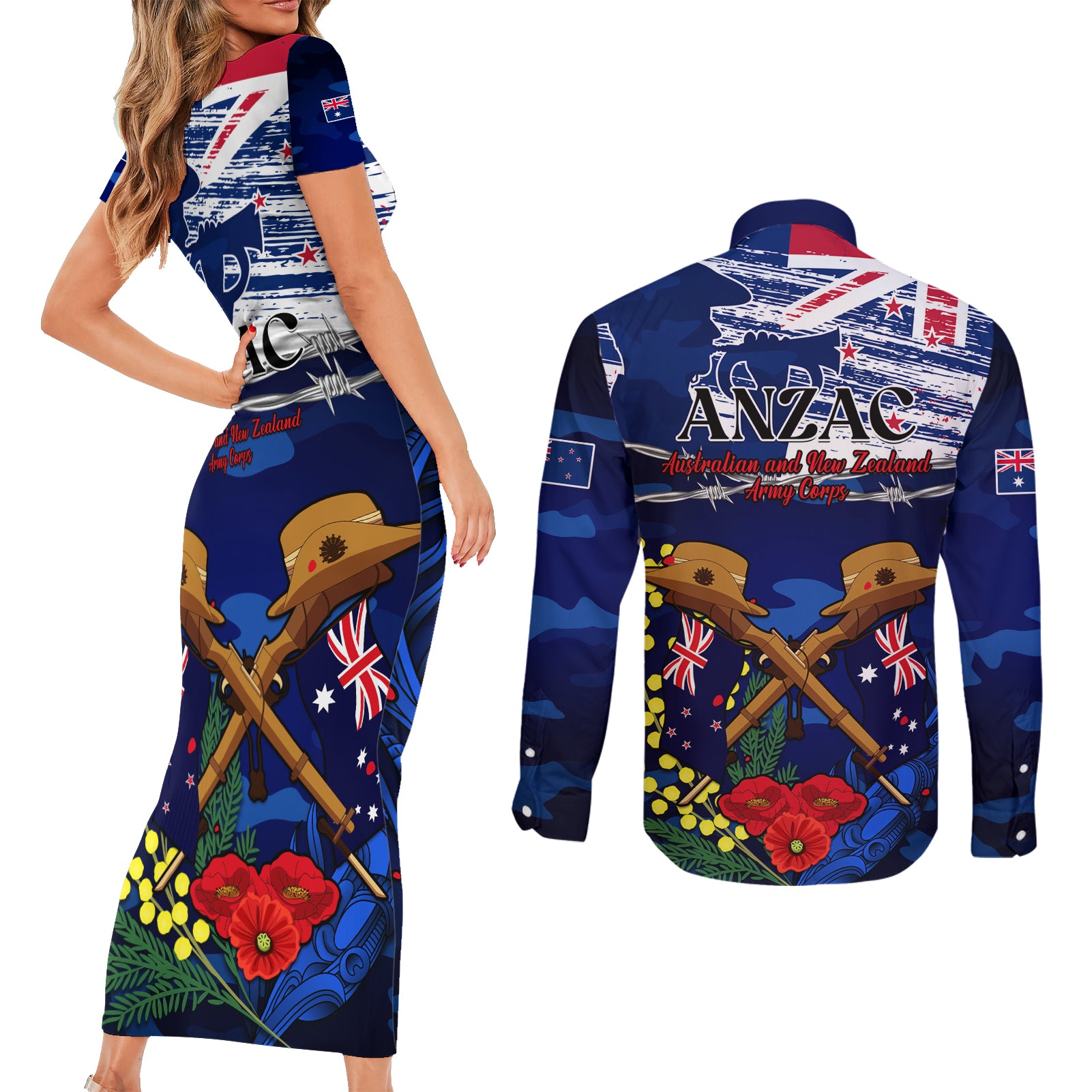 australia-and-new-zealand-anzac-day-couples-matching-short-sleeve-bodycon-dress-and-long-sleeve-button-shirt-lest-we-forget-silver-fern-with-golden-wattle