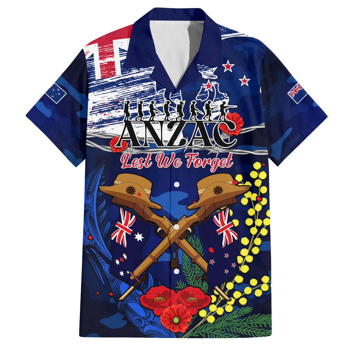 australia-and-new-zealand-anzac-day-family-matching-off-shoulder-long-sleeve-dress-and-hawaiian-shirt-lest-we-forget-silver-fern-with-golden-wattle