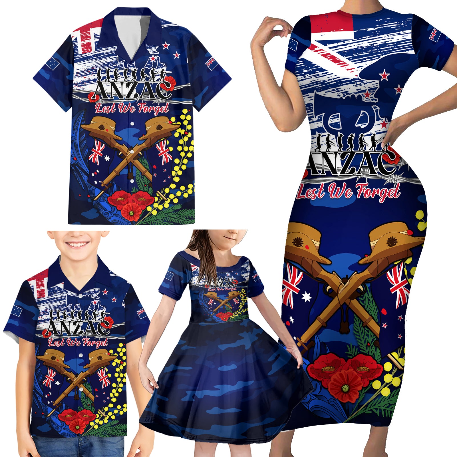 australia-and-new-zealand-anzac-day-family-matching-short-sleeve-bodycon-dress-and-hawaiian-shirt-lest-we-forget-silver-fern-with-golden-wattle