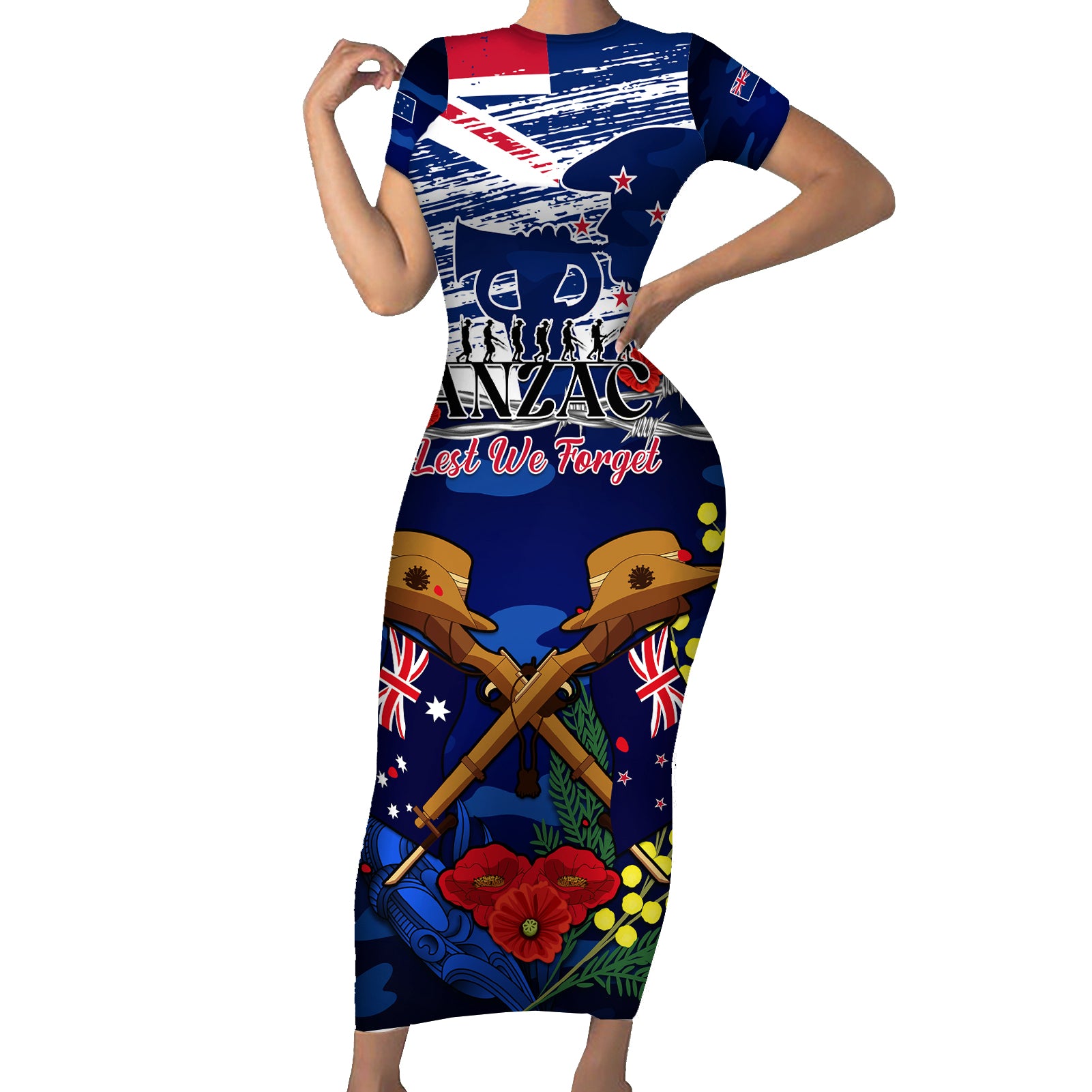 australia-and-new-zealand-anzac-day-family-matching-short-sleeve-bodycon-dress-and-hawaiian-shirt-lest-we-forget-silver-fern-with-golden-wattle