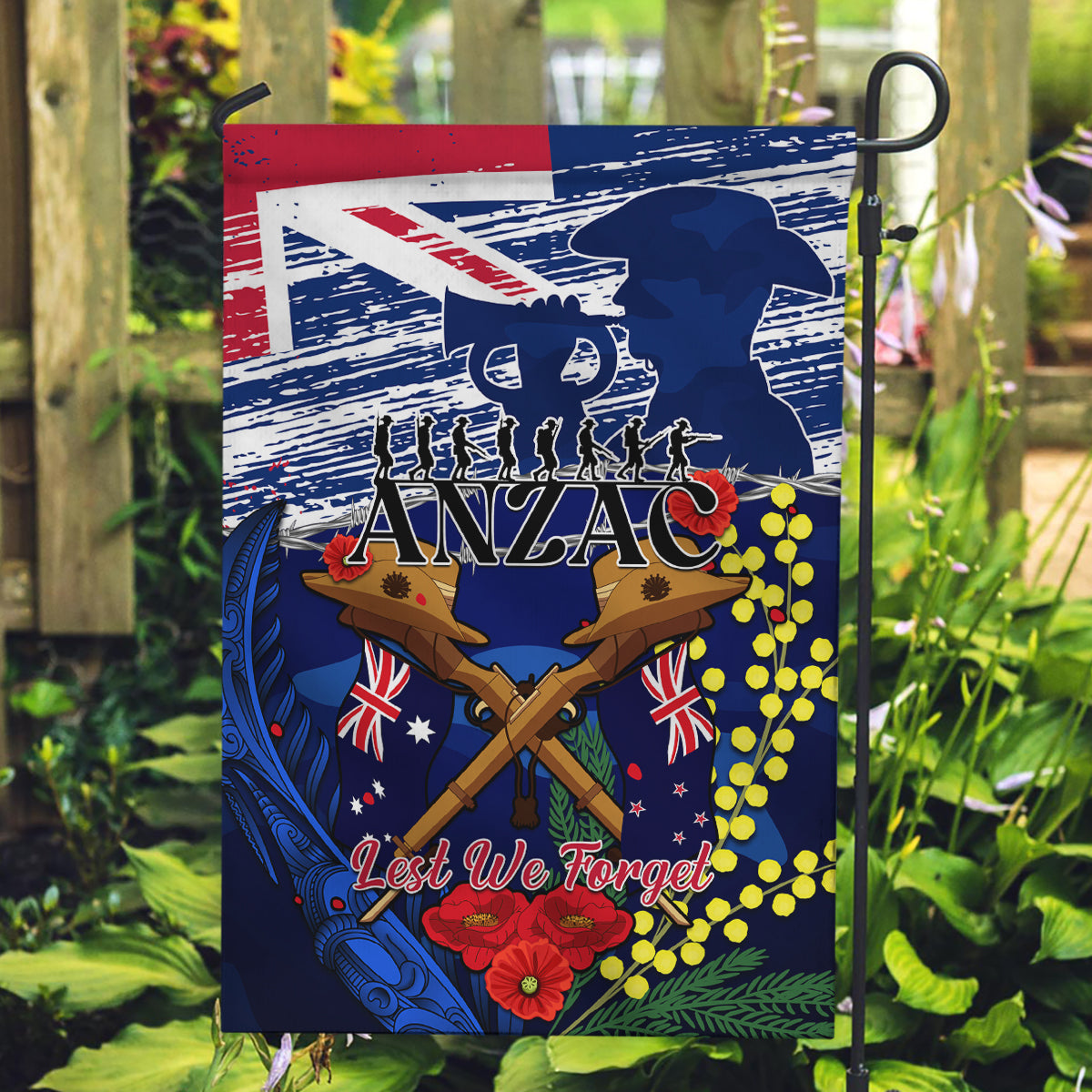 Australia And New Zealand ANZAC Day Garden Flag Lest We Forget Silver Fern With Golden Wattle - Vibe Hoodie Shop