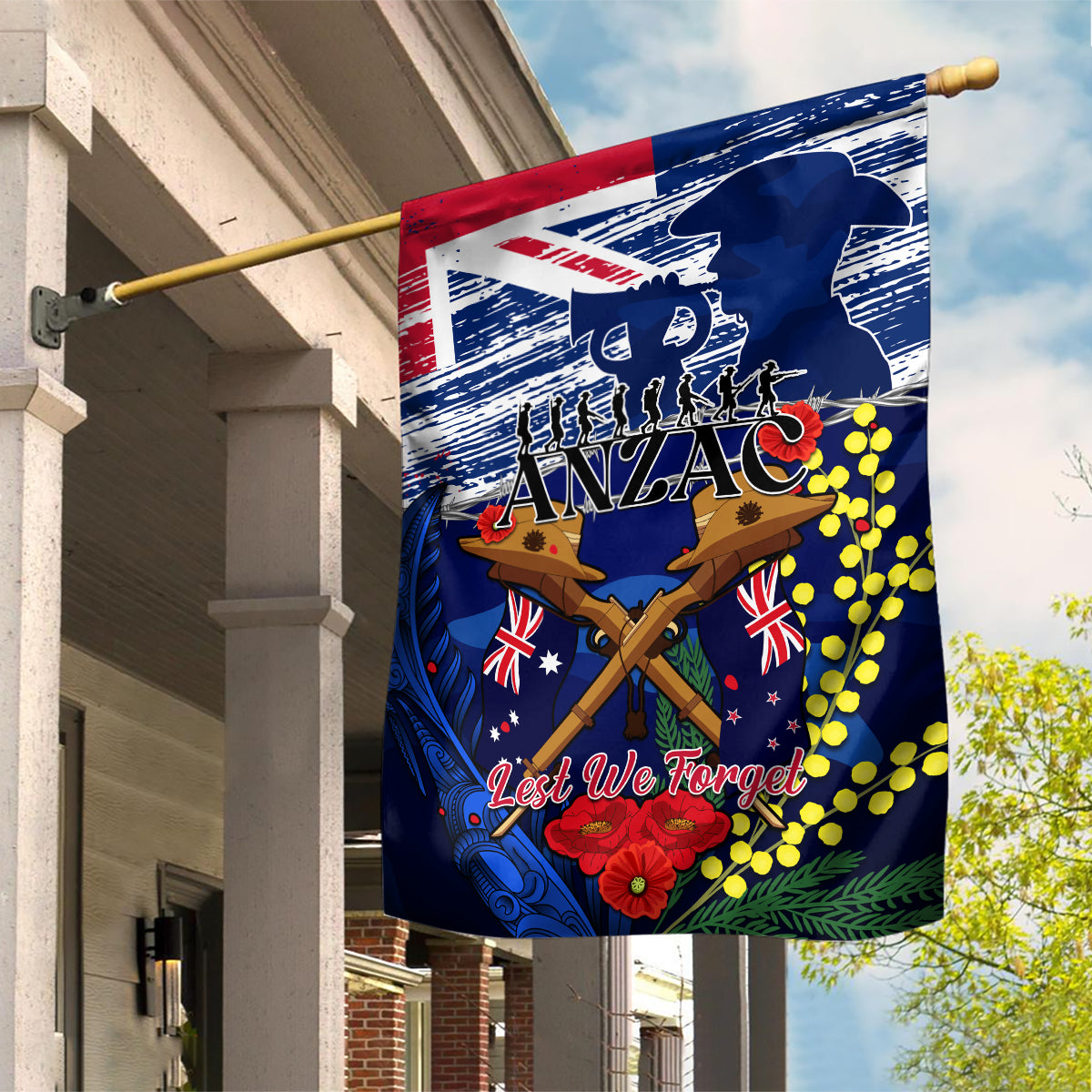 Australia And New Zealand ANZAC Day Garden Flag Lest We Forget Silver Fern With Golden Wattle - Vibe Hoodie Shop