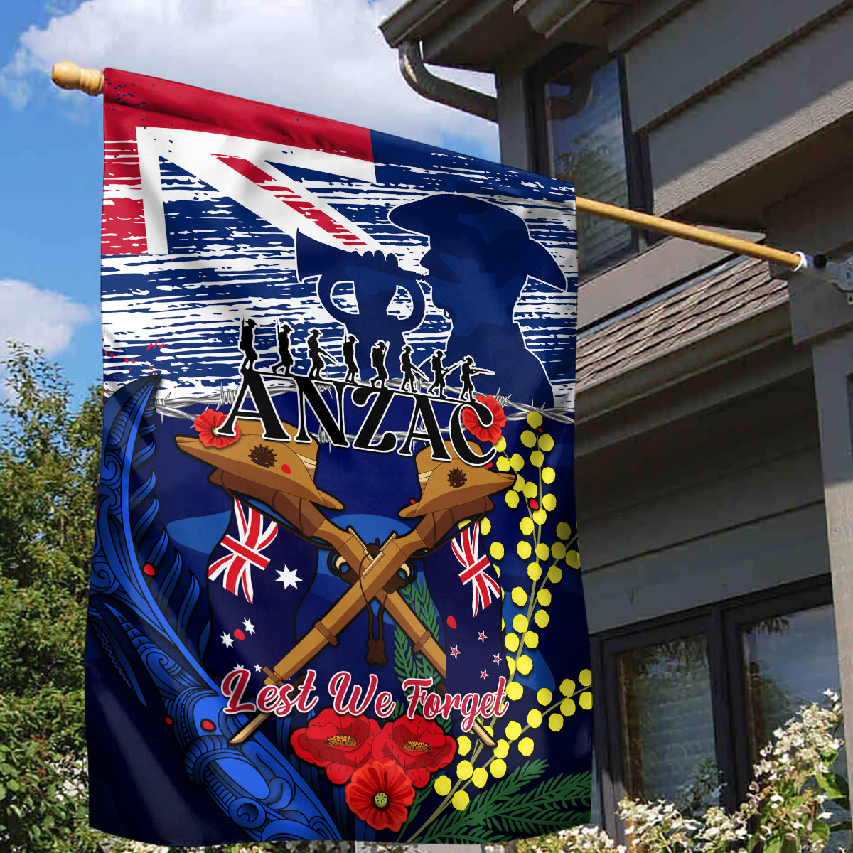 Australia And New Zealand ANZAC Day Garden Flag Lest We Forget Silver Fern With Golden Wattle - Vibe Hoodie Shop