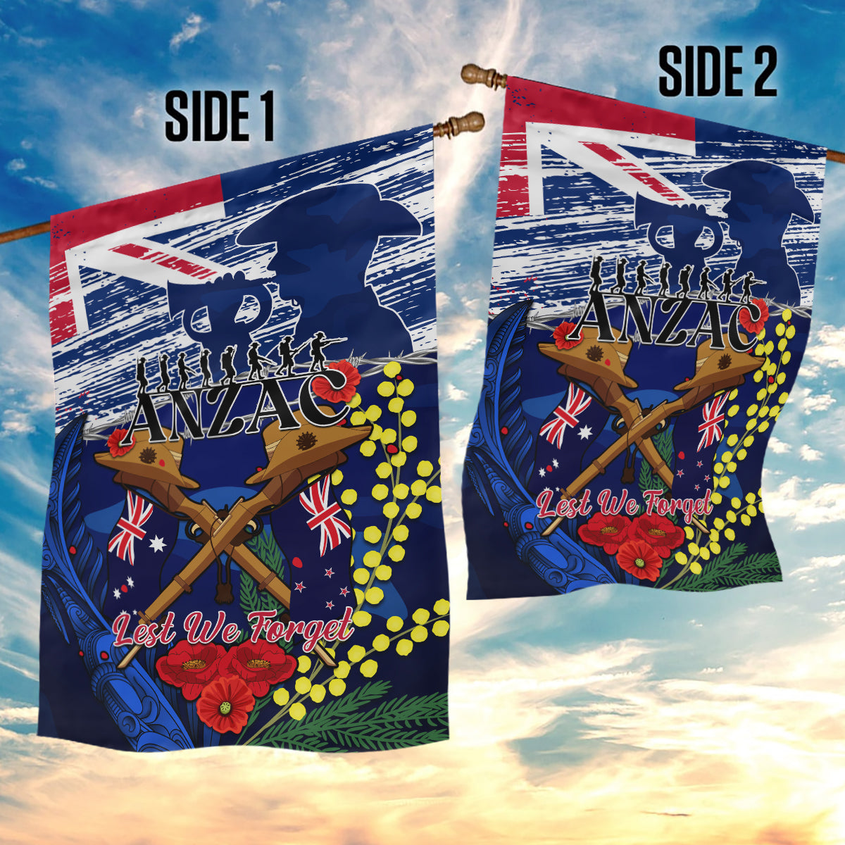 Australia And New Zealand ANZAC Day Garden Flag Lest We Forget Silver Fern With Golden Wattle - Vibe Hoodie Shop